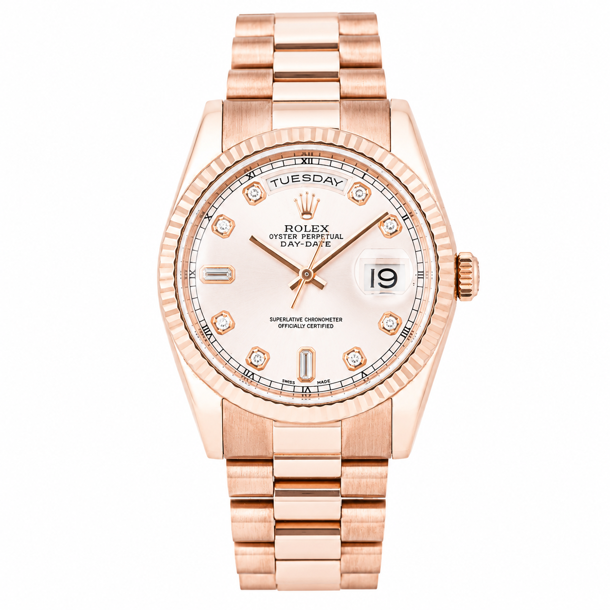 ROLEX DAY-DATE 36MM CHAMPAGNE DIAMOND DIAL 18K ROSE GOLD PRESIDENT 118205