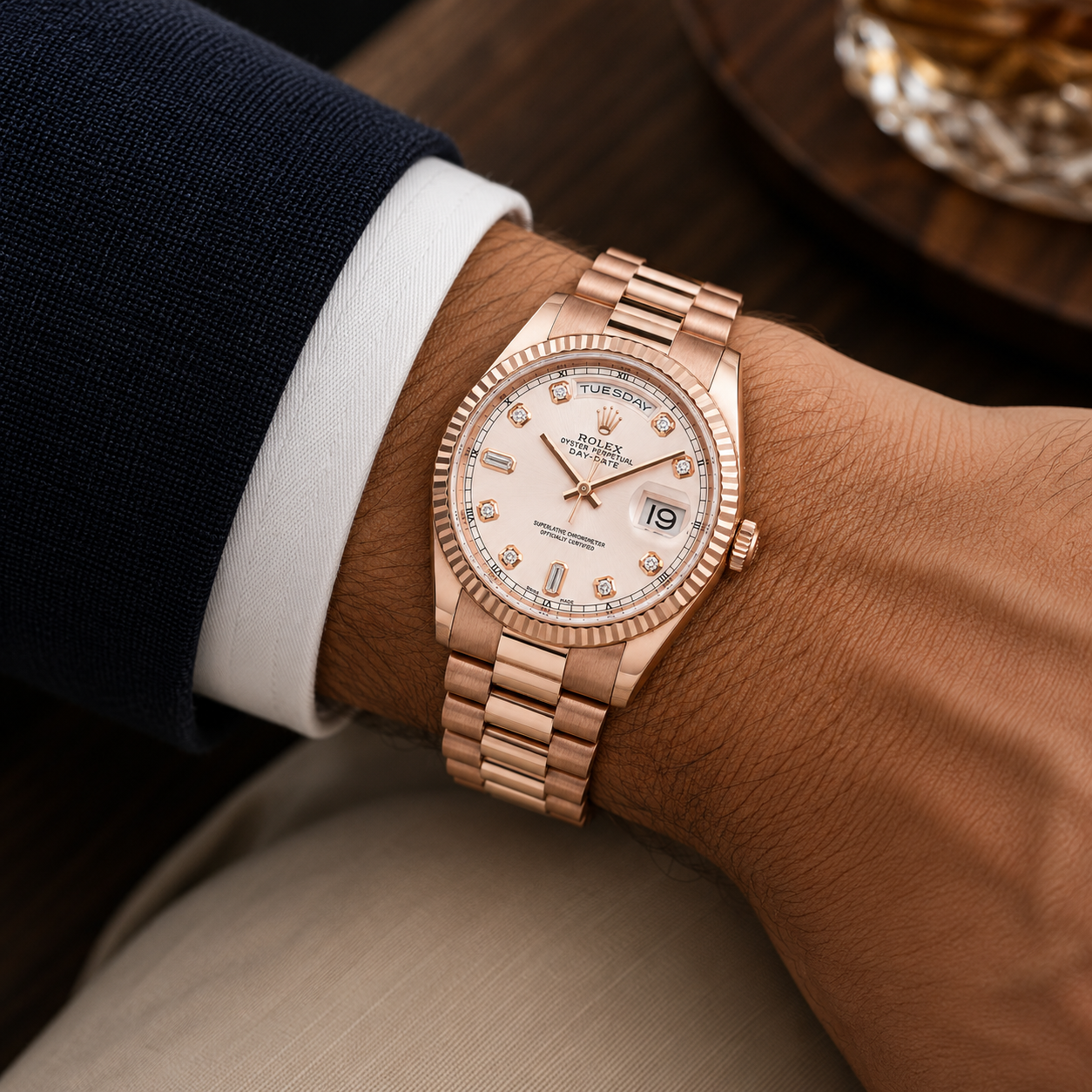 ROLEX DAY-DATE 36MM CHAMPAGNE DIAMOND DIAL 18K ROSE GOLD PRESIDENT 118205