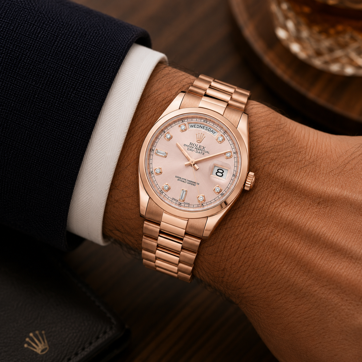 ROLEX DAY-DATE 36MM CHAMPAGNE DIAMOND DIAL 18K ROSE GOLD PRESIDENT 118205