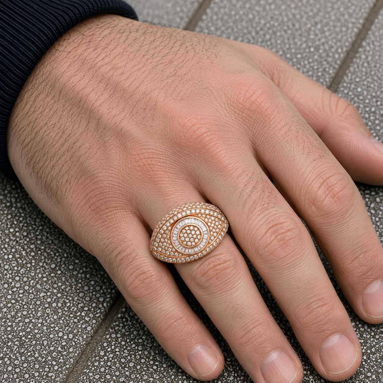 10K GOLD BAGUETTE AND ROUND DIAMOND EVIL EYE RING 2.43 CT