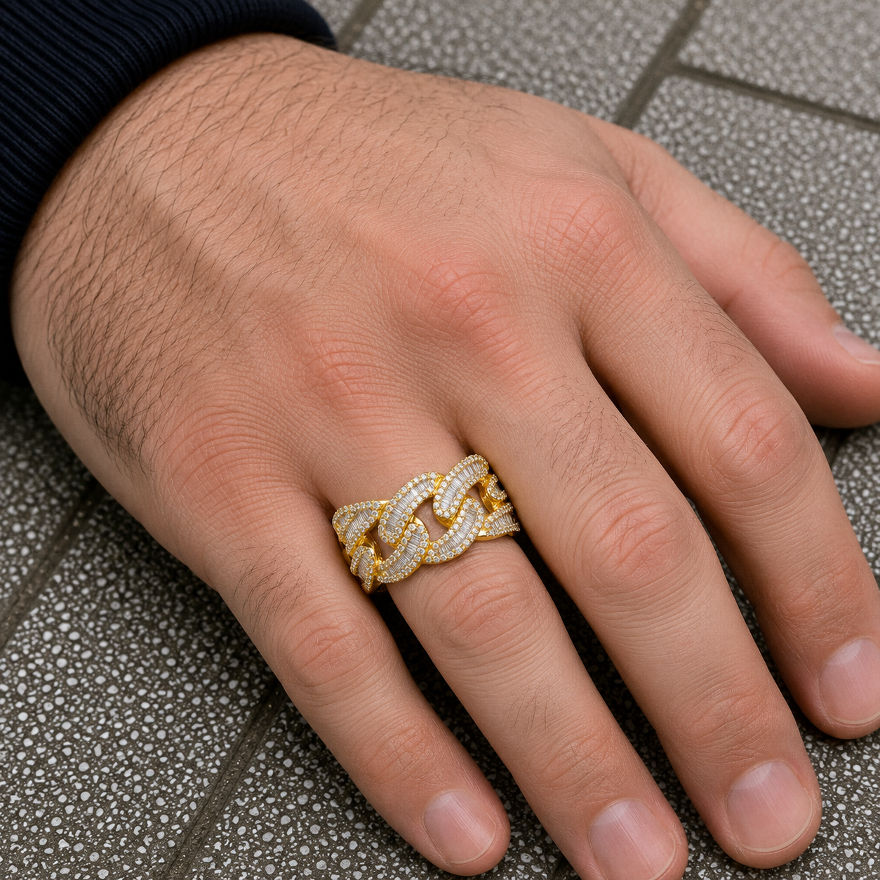 14K GOLD BAGUETTE AND ROUND DIAMOND OPEN CUBAN LINK RING 1.06 CT