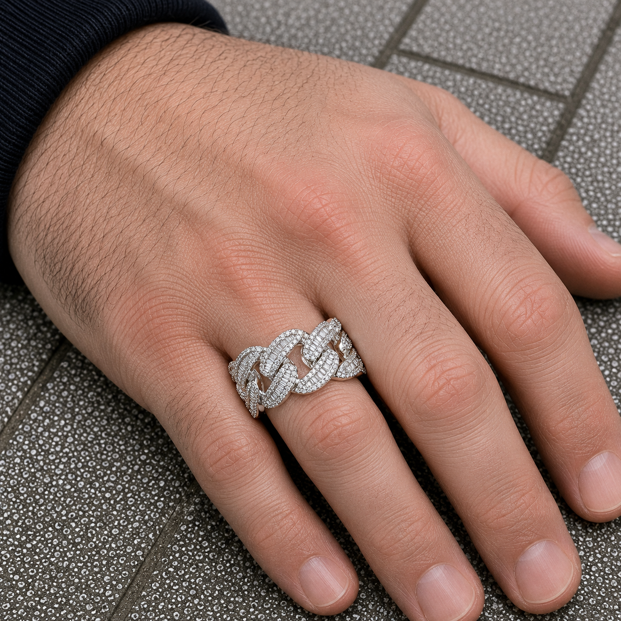 14K GOLD BAGUETTE AND ROUND DIAMOND OPEN CUBAN LINK RING 1.06 CT