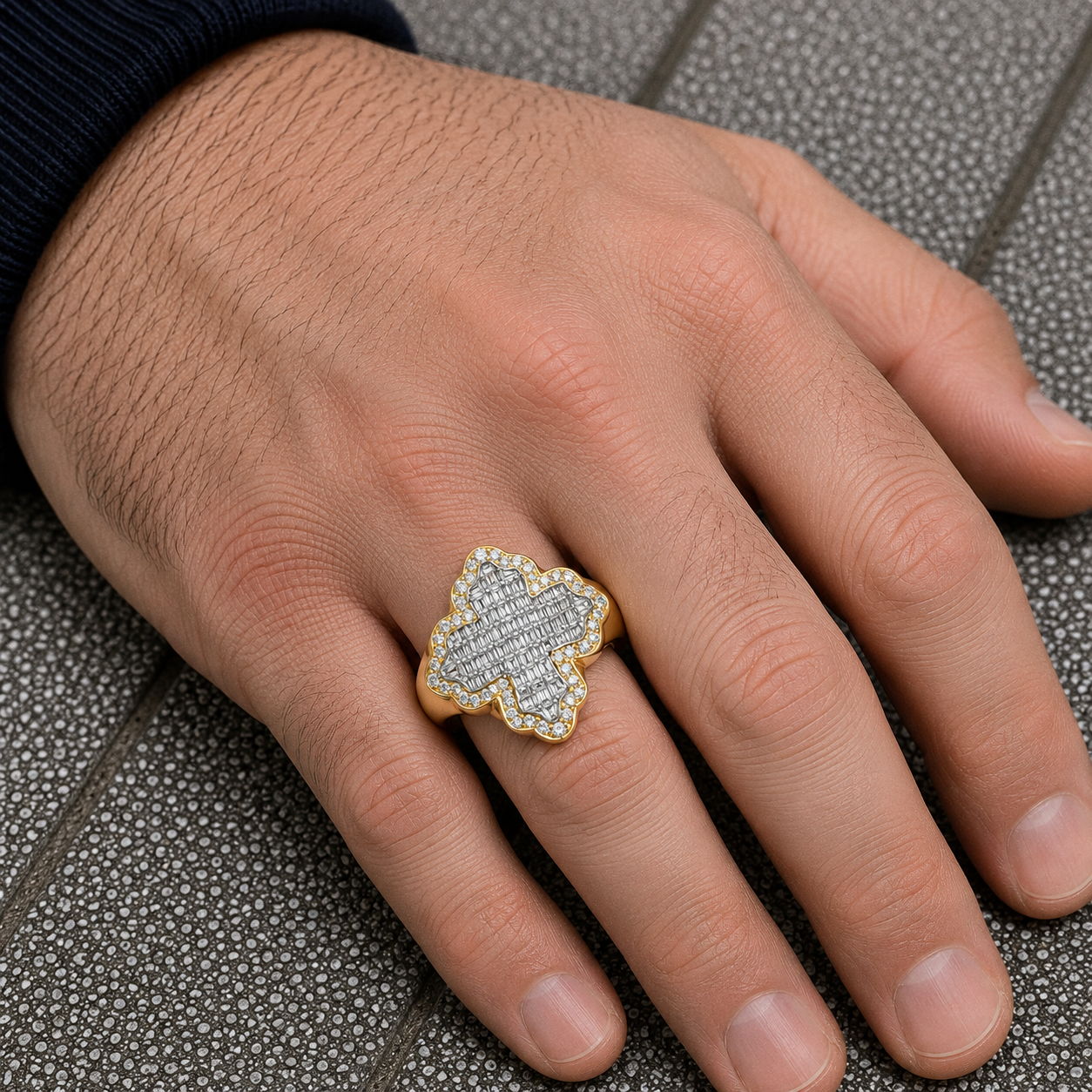 14K GOLD BAGUETTE DIAMOND FLEUR DE LIS CROSS RING 1.24 CT