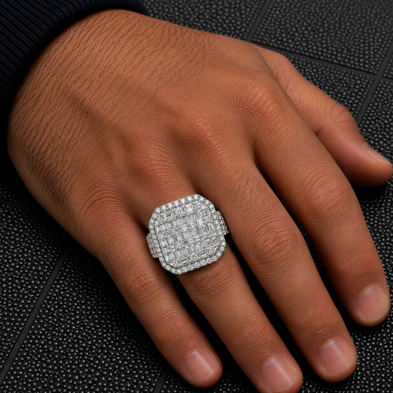 14K GOLD BAGUETTE DIAMOND CUSHION RING WITH SINGLE ROW BORDER AND PAVE HALF SHANK 2.65 CT