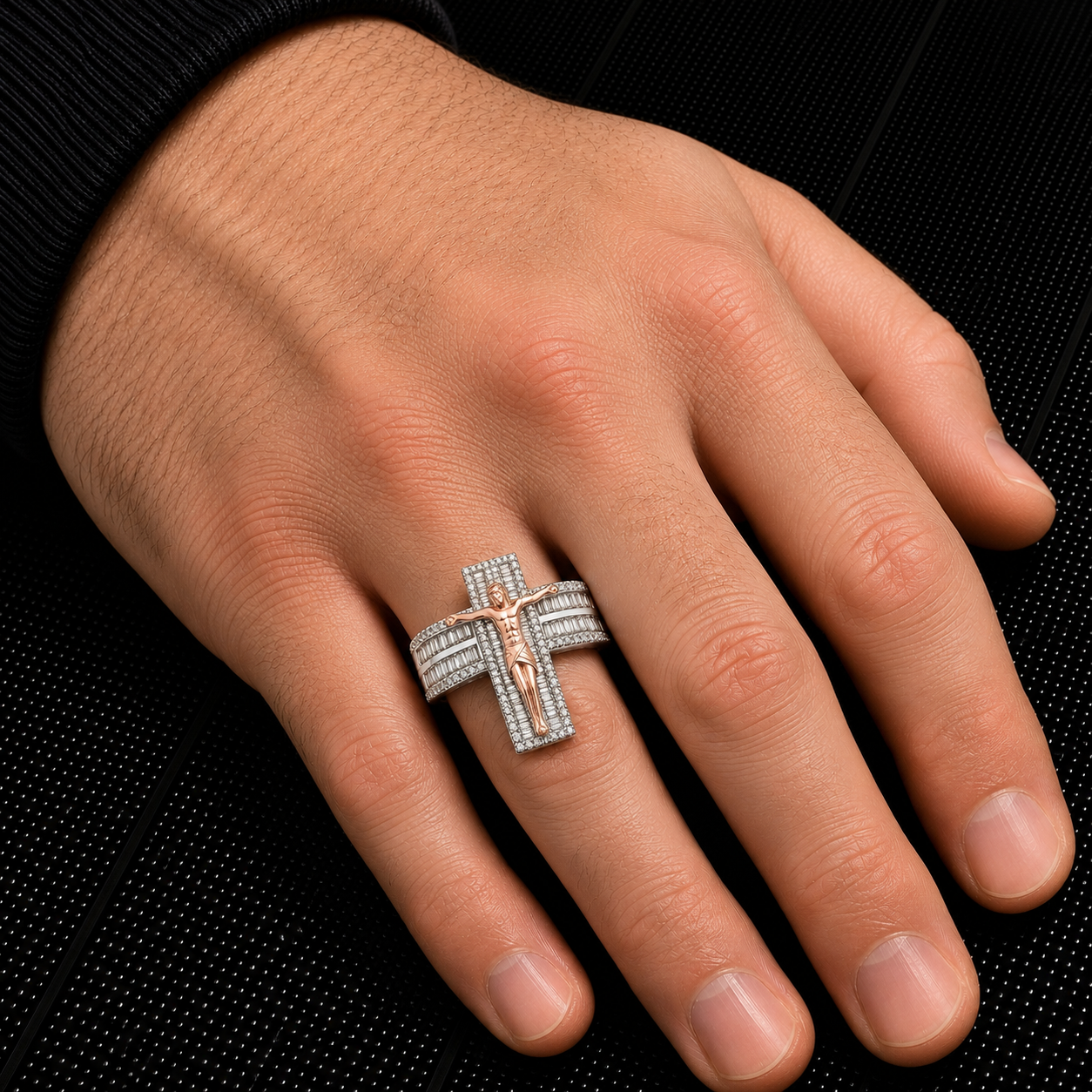 14K GOLD BAGUETTE DIAMOND CRUCIFIX TWO TONE RING 2.18 CT