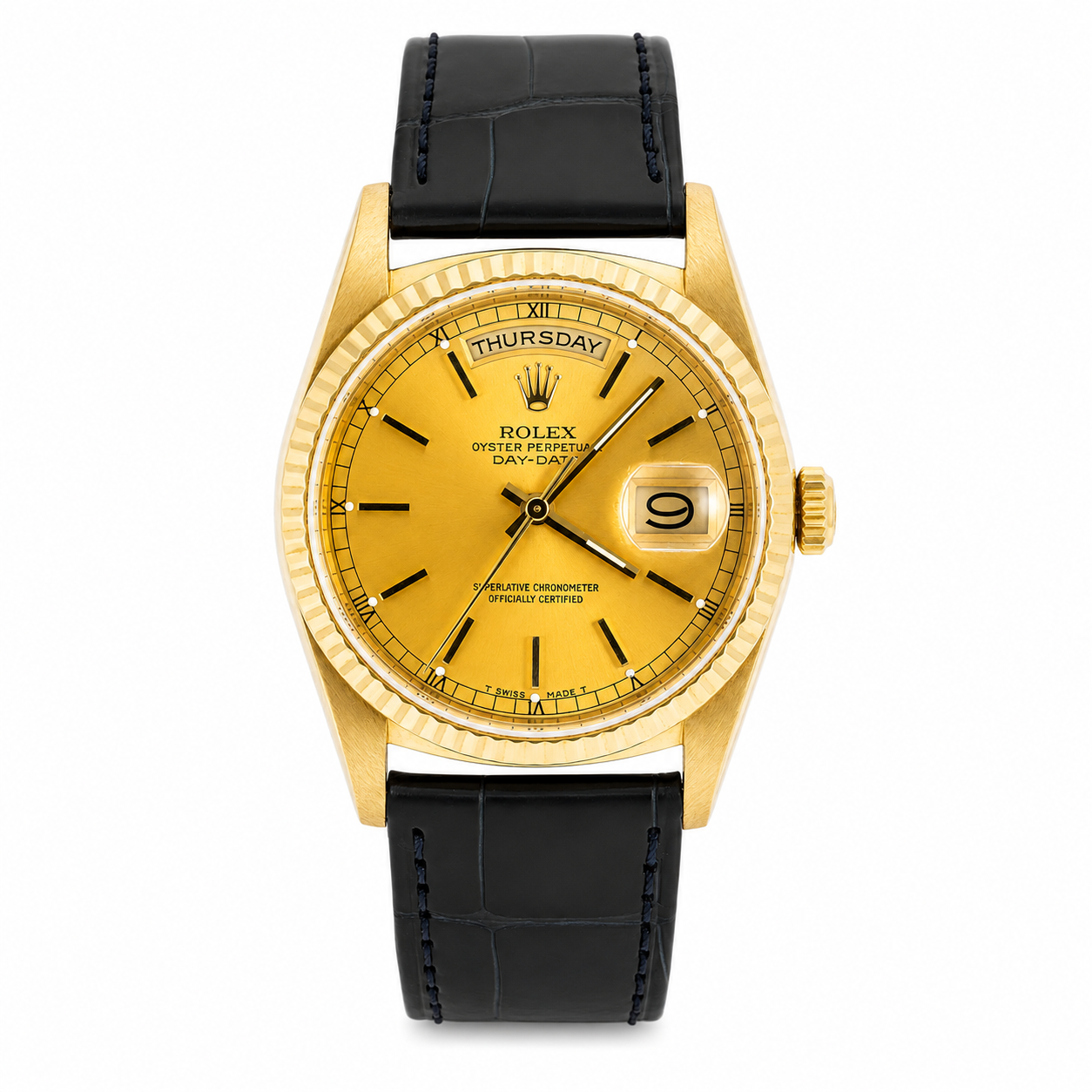 ROLEX DAY-DATE 36 18K YELLOW GOLD CHAMPAGNE DIAL BLACK LEATHER STRAP REF. 18238