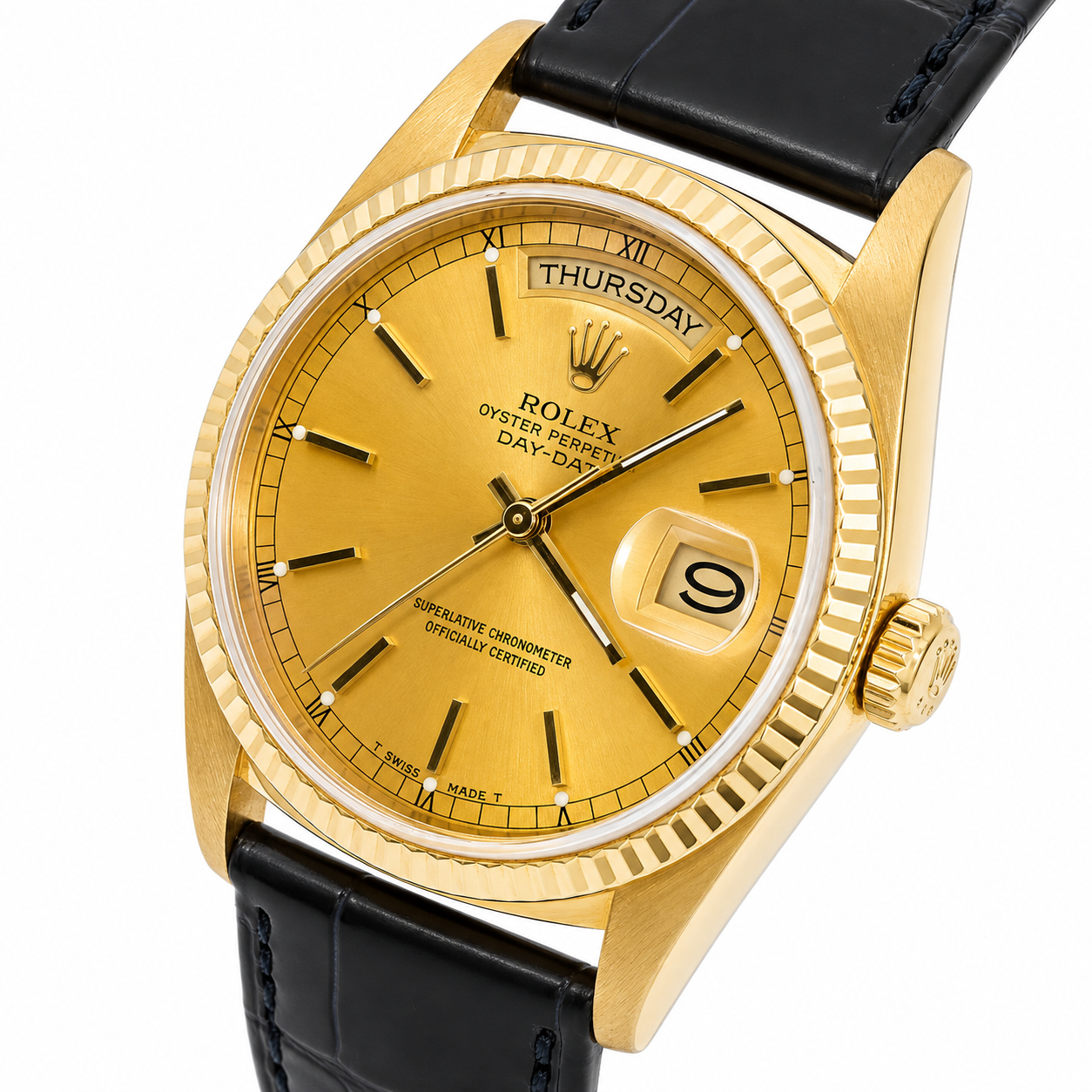 ROLEX DAY-DATE 36 18K YELLOW GOLD CHAMPAGNE DIAL BLACK LEATHER STRAP REF. 18238