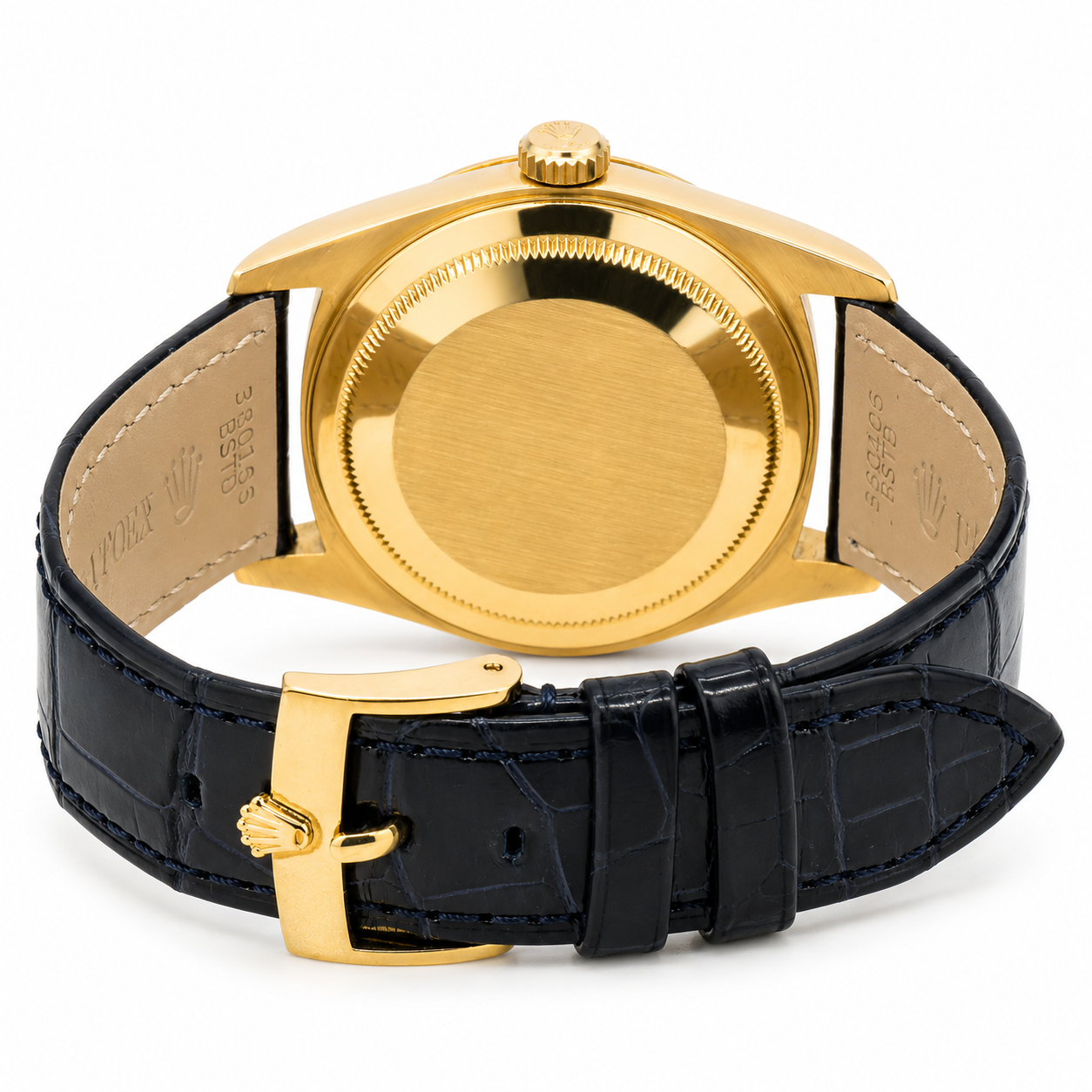 ROLEX DAY-DATE 36 18K YELLOW GOLD CHAMPAGNE DIAL BLACK LEATHER STRAP REF. 18238