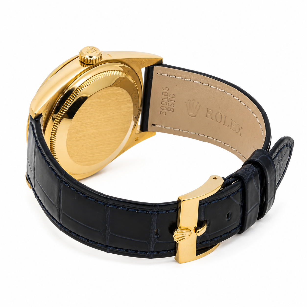 ROLEX DAY-DATE 36 18K YELLOW GOLD CHAMPAGNE DIAL BLACK LEATHER STRAP REF. 18238