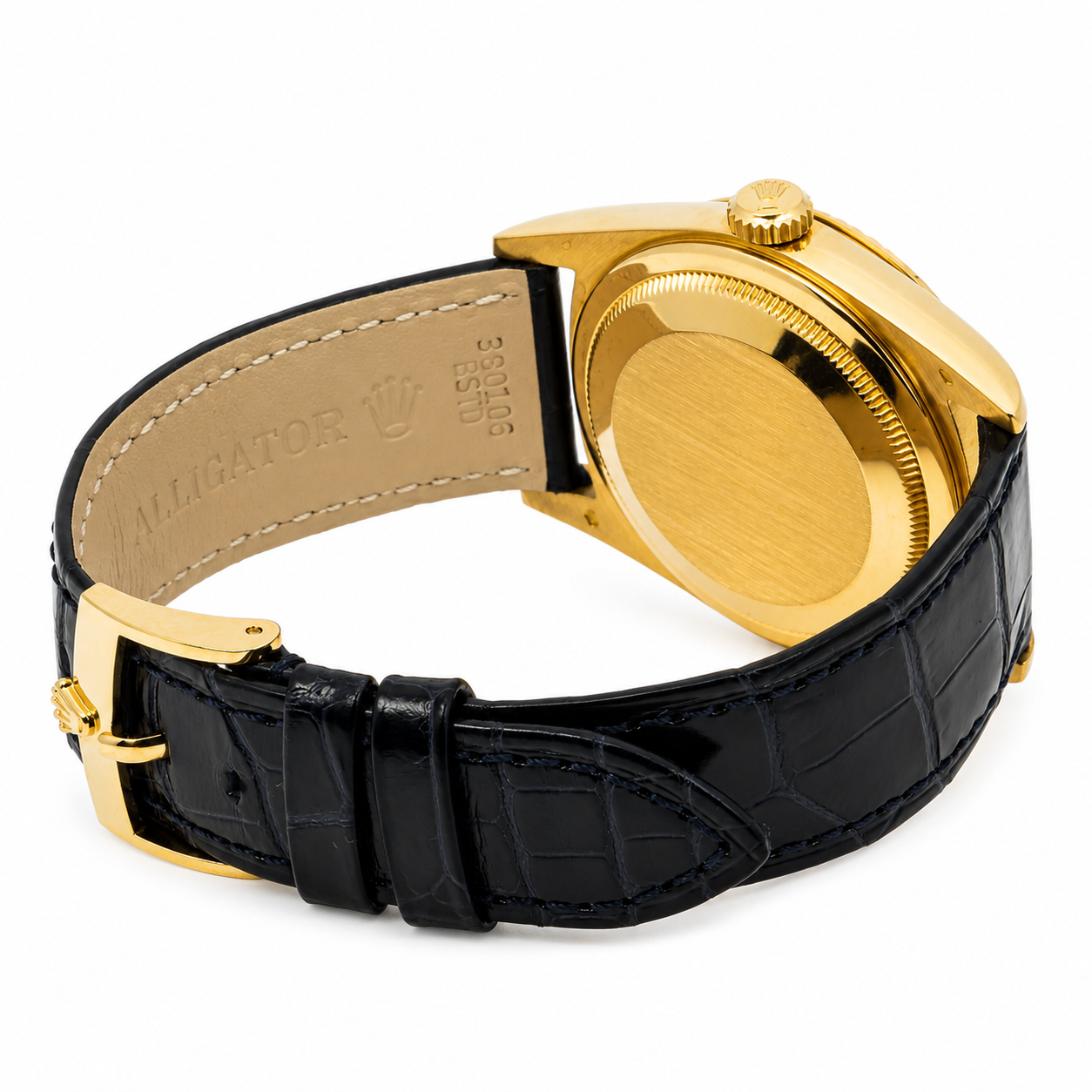 ROLEX DAY-DATE 36 18K YELLOW GOLD CHAMPAGNE DIAL BLACK LEATHER STRAP REF. 18238