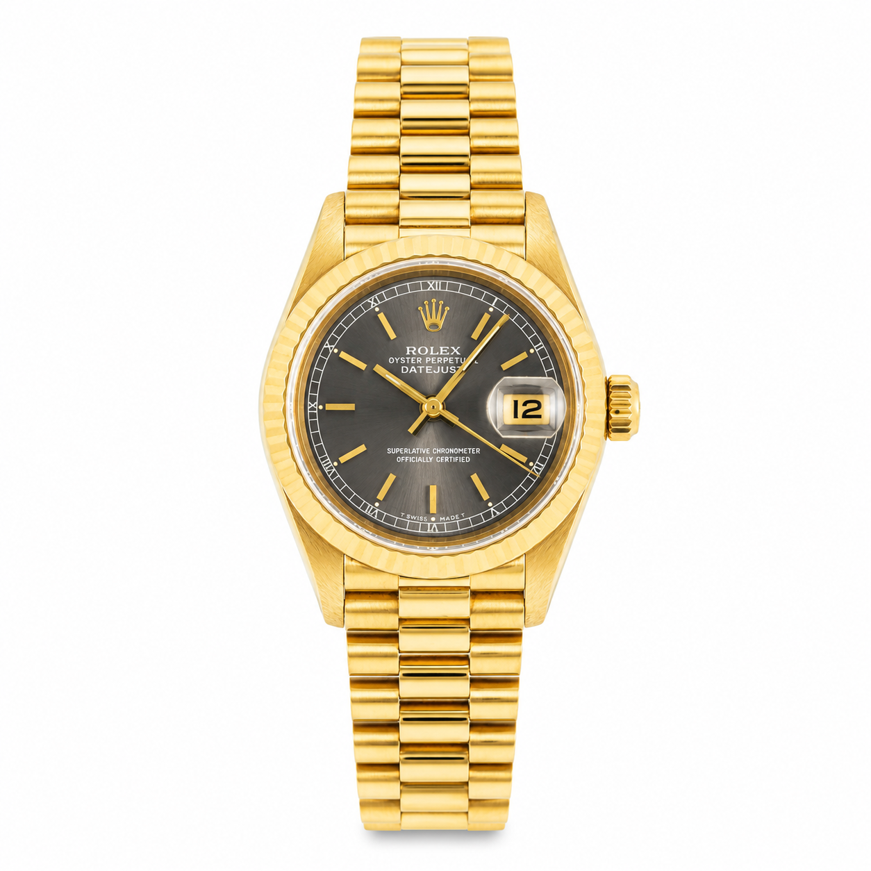 ROLEX LADY DATEJUST 26MM 18K YELLOW GOLD GRAY DIAL PRESIDENT WATCH 69178