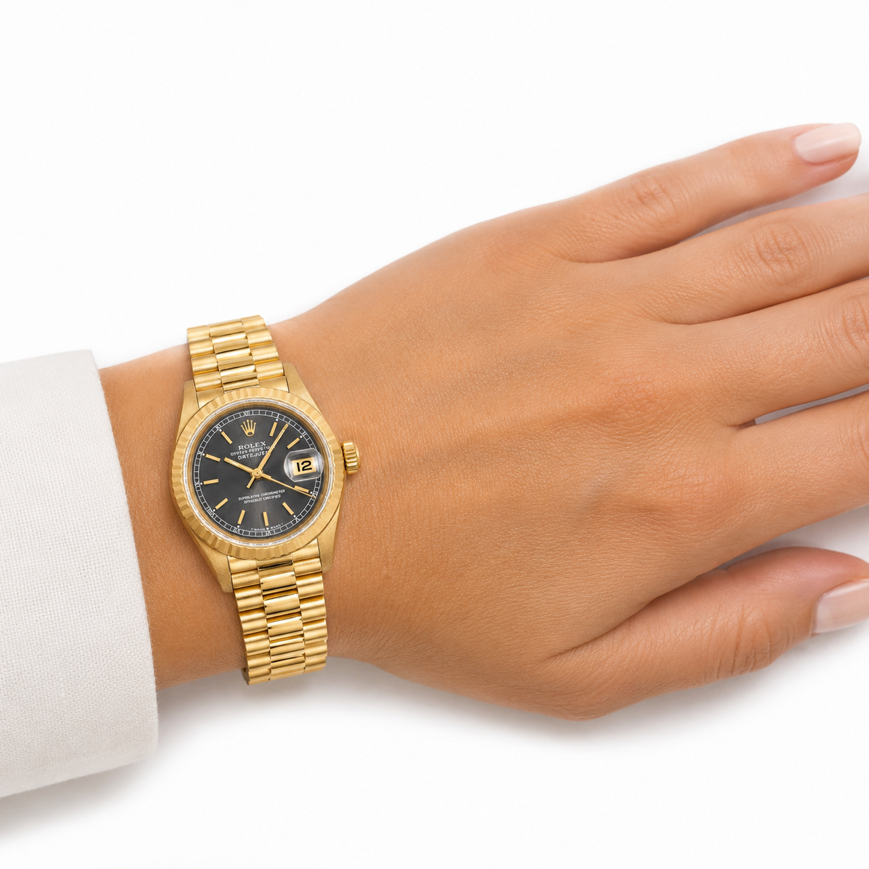 ROLEX LADY DATEJUST 26MM 18K YELLOW GOLD GRAY DIAL PRESIDENT WATCH 69178