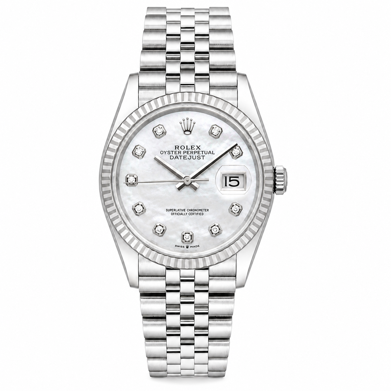 ROLEX DATEJUST 36MM 126234 WHITE MOTHER OF PEARL DIAMOND DIAL FLUTED BEZEL JUBILEE BRACELET