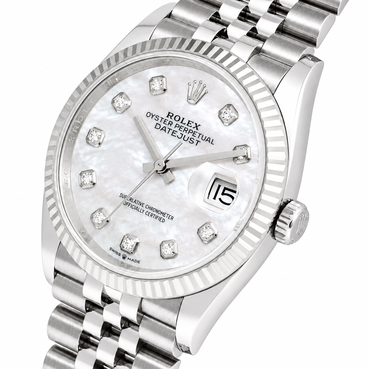 ROLEX DATEJUST 36MM 126234 WHITE MOTHER OF PEARL DIAMOND DIAL FLUTED BEZEL JUBILEE BRACELET