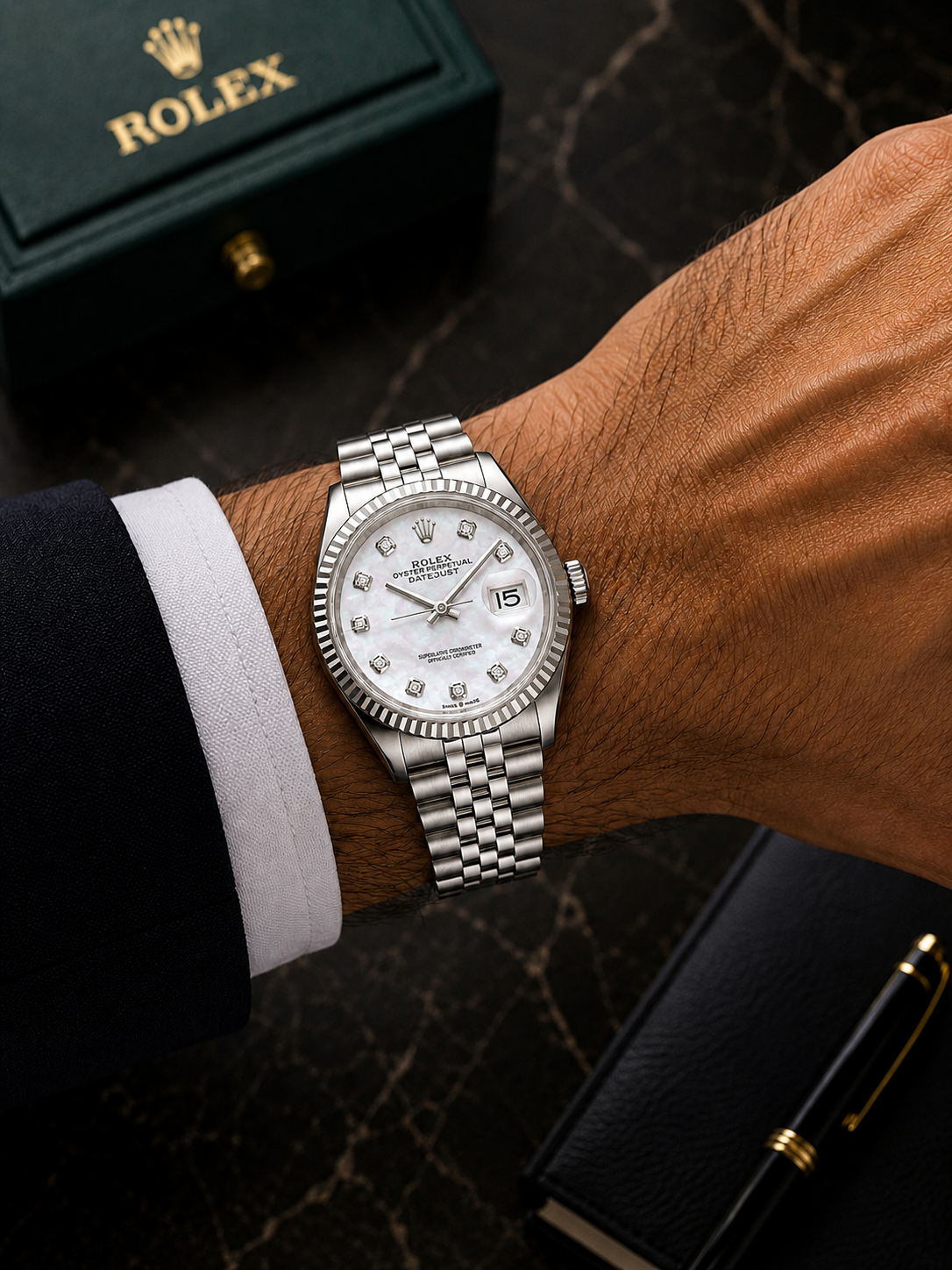 ROLEX DATEJUST 36MM 126234 WHITE MOTHER OF PEARL DIAMOND DIAL FLUTED BEZEL JUBILEE BRACELET