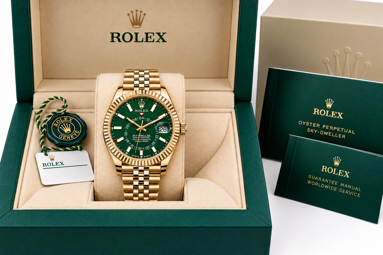 ROLEX SKY-DWELLER 336938 GREEN DIAL 18K YELLOW GOLD JUBILEE