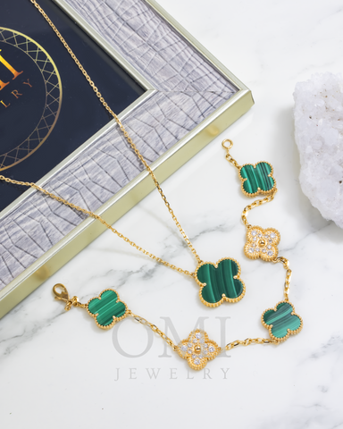 18K Gold Clover Green Gemstone Necklace And Bracelet Set