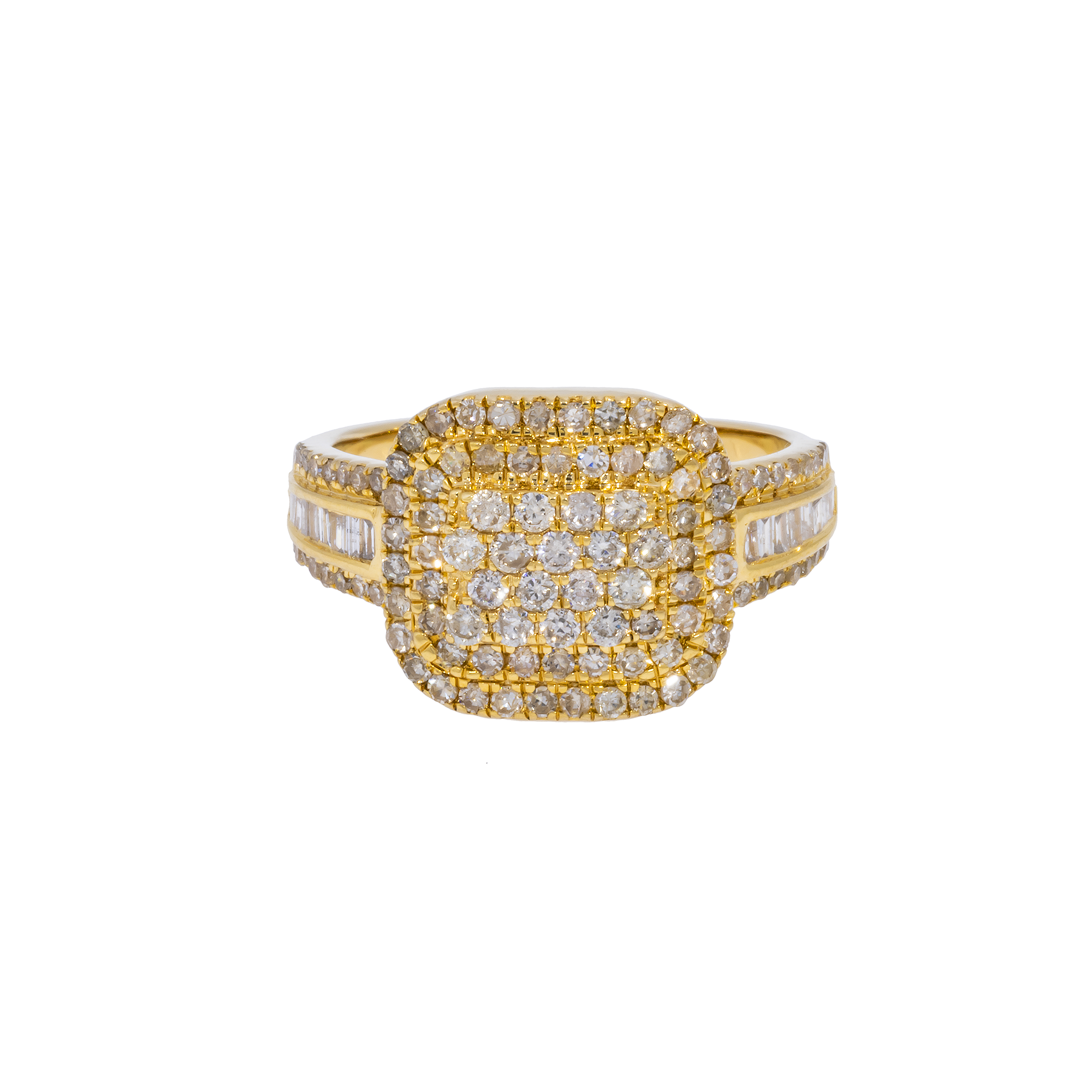 14K GOLD ROUND AND BAGUETTE DIAMOND SQUARE STATEMENT RING 1.50 CT