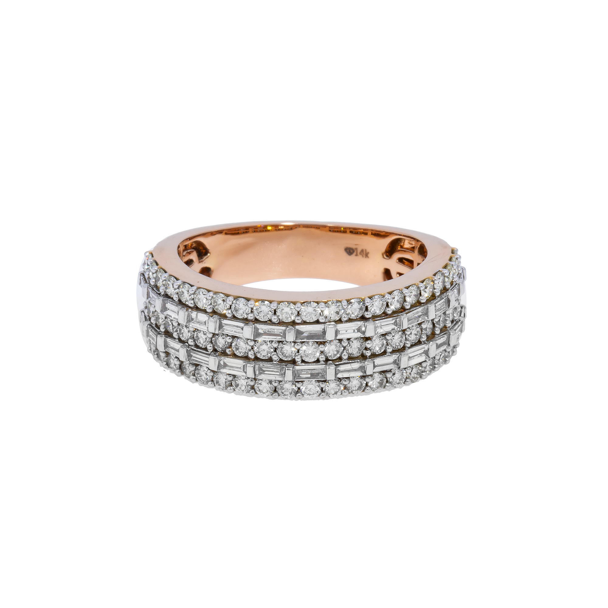 14K GOLD ROUND AND BAGUETTE DIAMOND STATEMENT BAND RING 2.20 CT