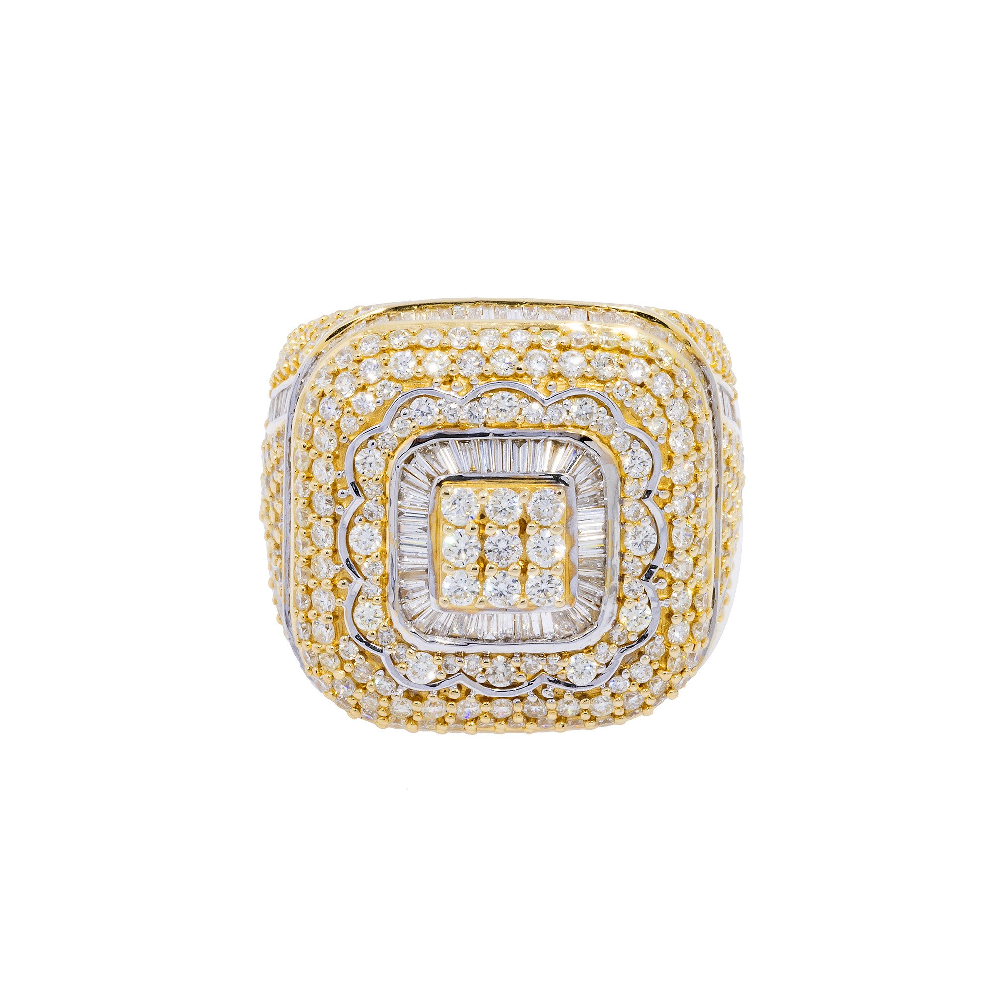 14K GOLD TWO TONE ROUND AND BAGUETTE DIAMOND SQUARE STATEMENT RING 5.25 CT