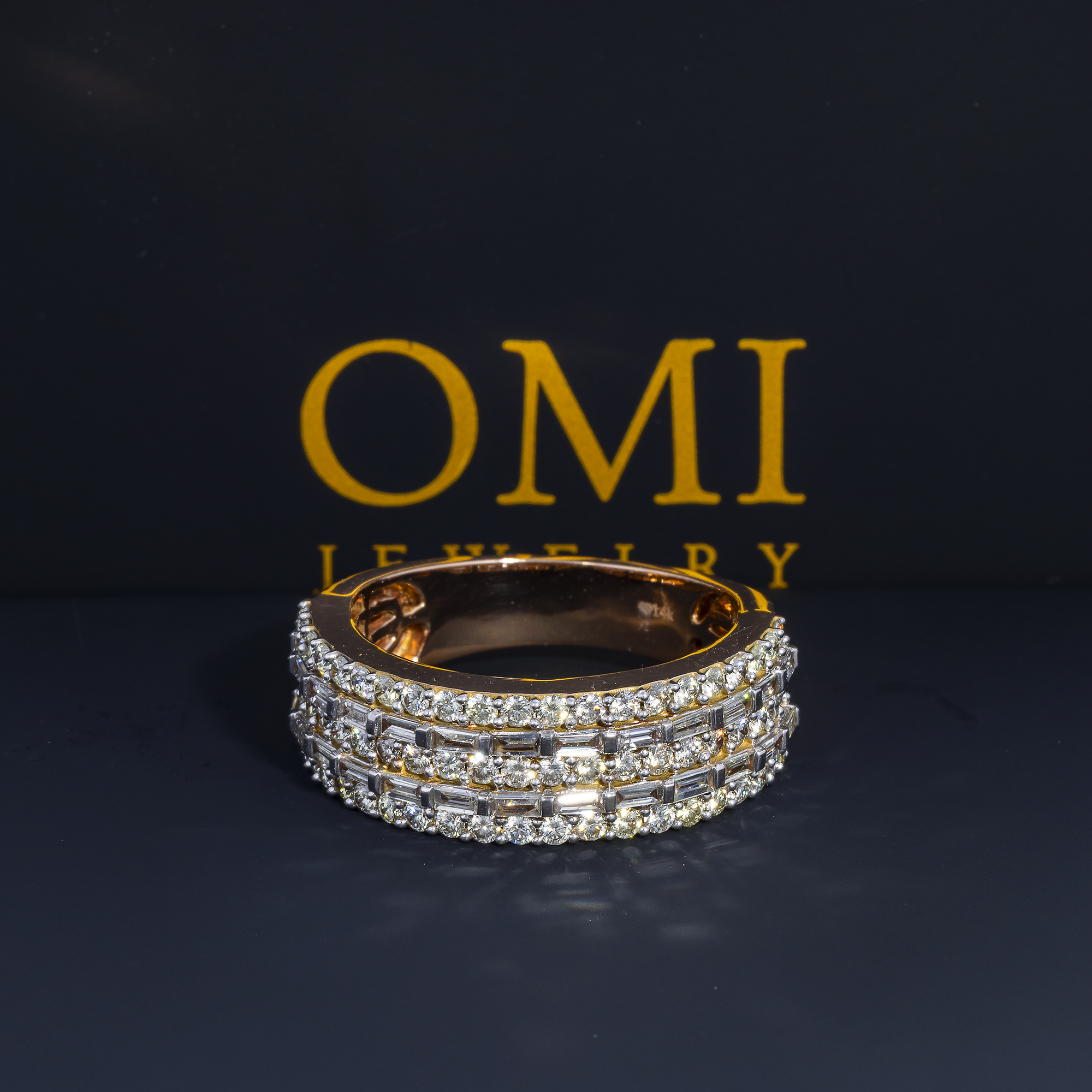 14K GOLD ROUND AND BAGUETTE DIAMOND STATEMENT BAND RING 2.20 CT