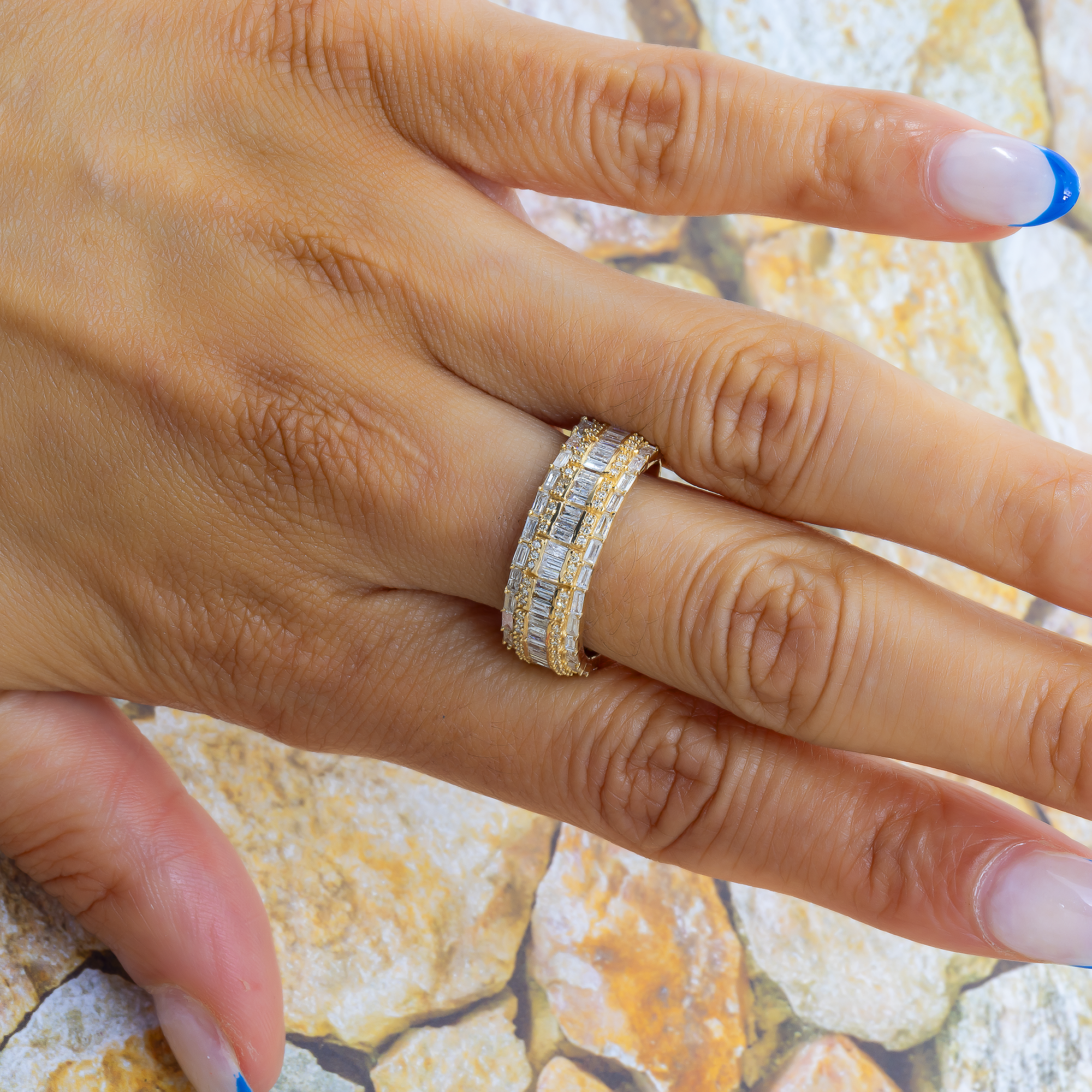 14K GOLD ROUND AND BAGUETTE DIAMOND STATEMENT BAND RING 1.60 CT