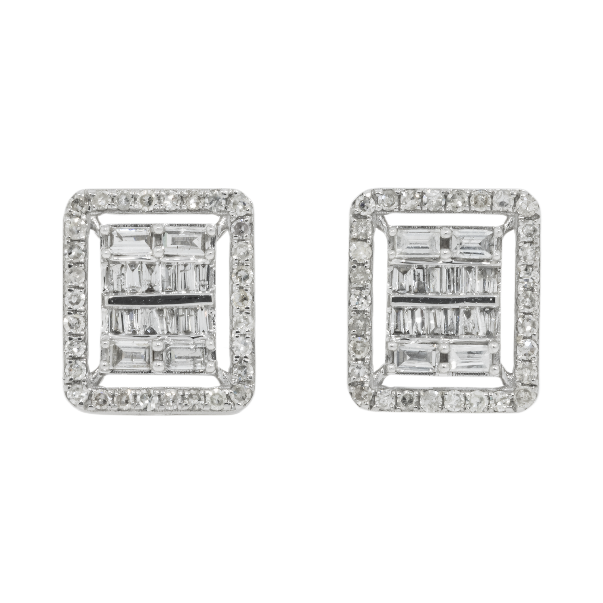 14K GOLD BAGUETTE AND ROUND DIAMOND SQUARE SHAPE EARRINGS 0.80 CTW