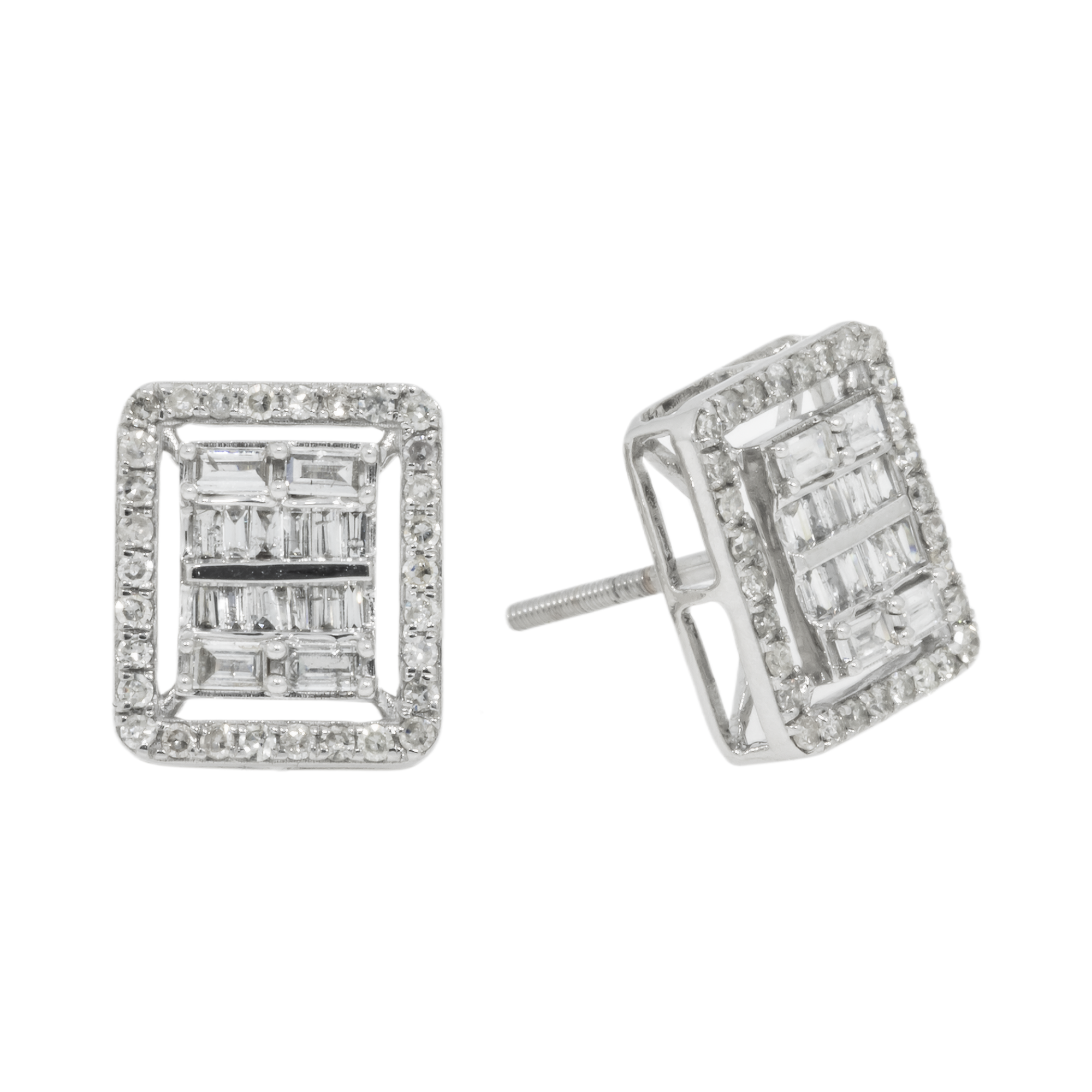 14K GOLD BAGUETTE AND ROUND DIAMOND SQUARE SHAPE EARRINGS 0.80 CTW