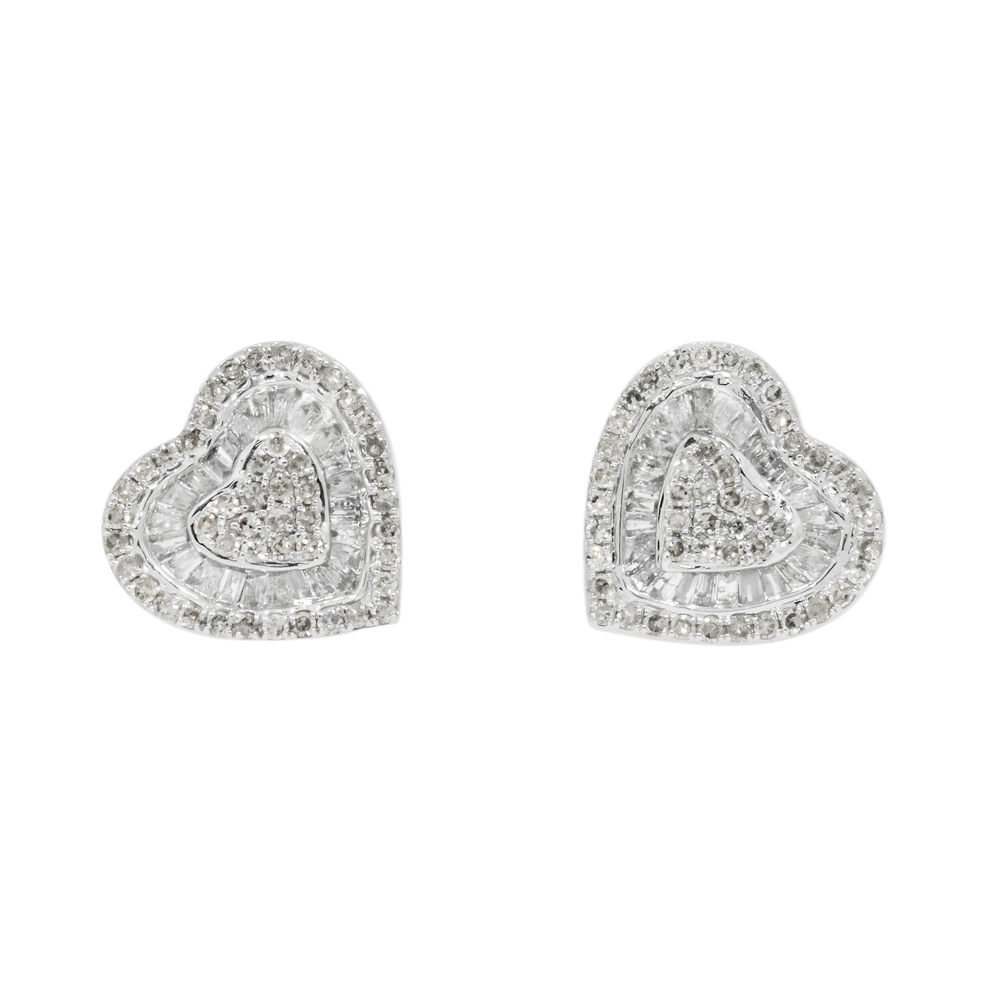 14K GOLD BAGUETTE AND ROUND DIAMOND HEART EARRINGS 1.12 CTW