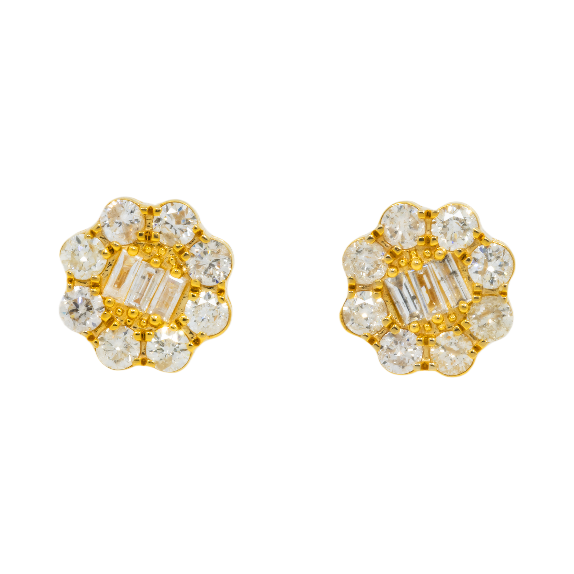 14K GOLD BAGUETTE AND ROUND DIAMOND EARRINGS 1.50 CTW