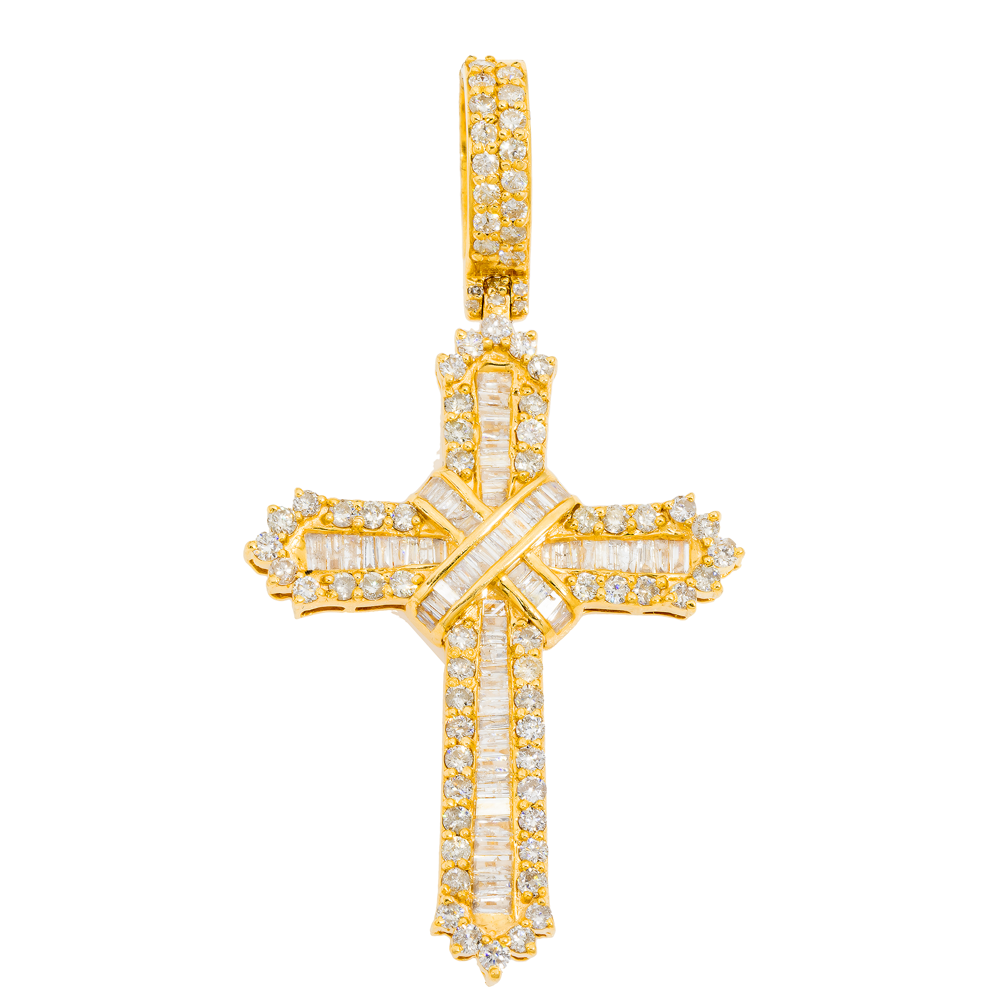 14K GOLD BAGUETTE AND ROUND DIAMOND CROSS PENDANT 2.33 CT