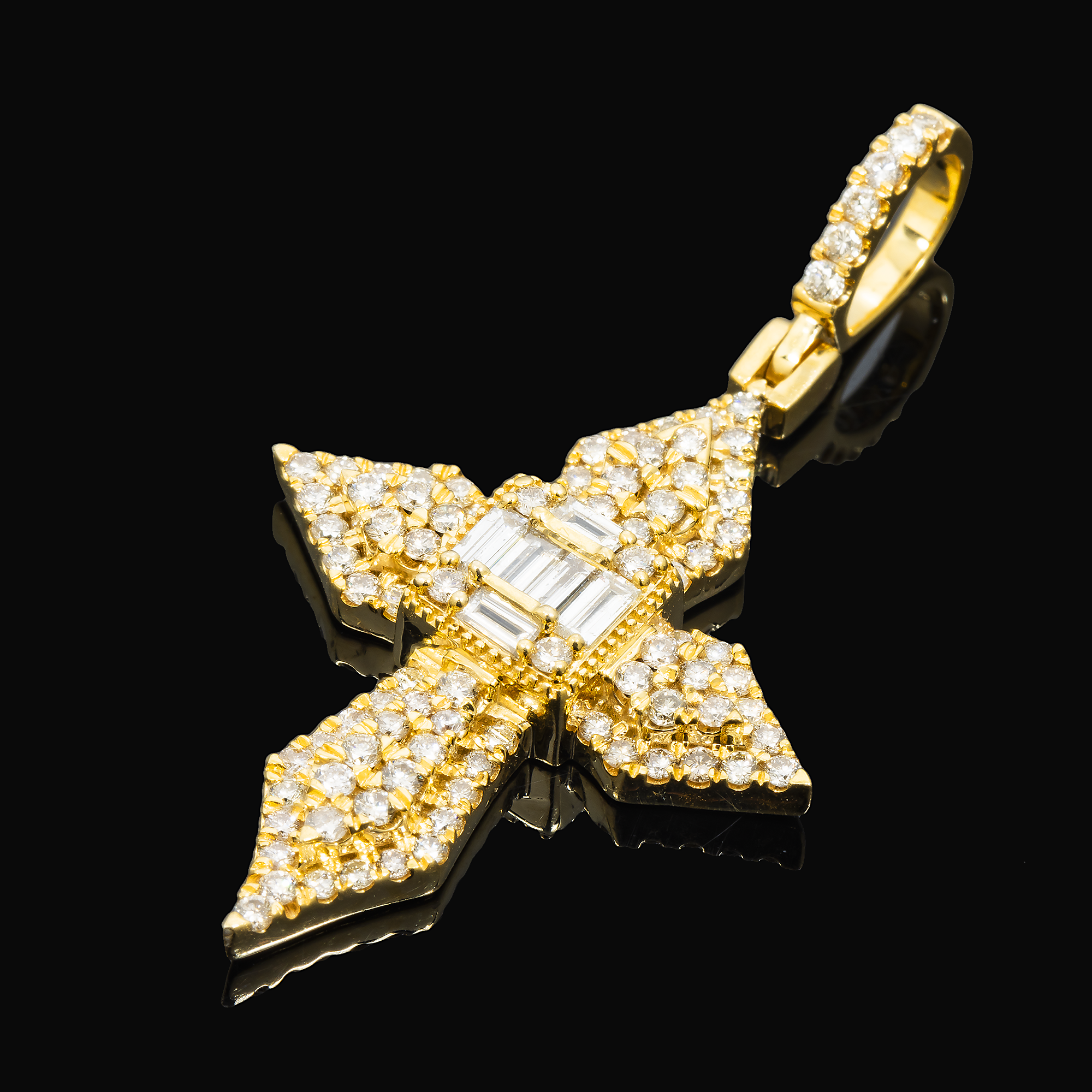 10K GOLD BAGUETTE AND ROUND DIAMOND CROSS PENDANT 1.93 CT
