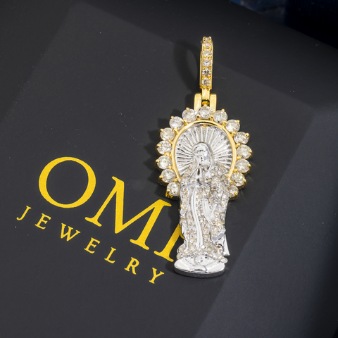 14K GOLD TWO TONE DIAMOND MOTHER MARY PENDANT 0.91 CT