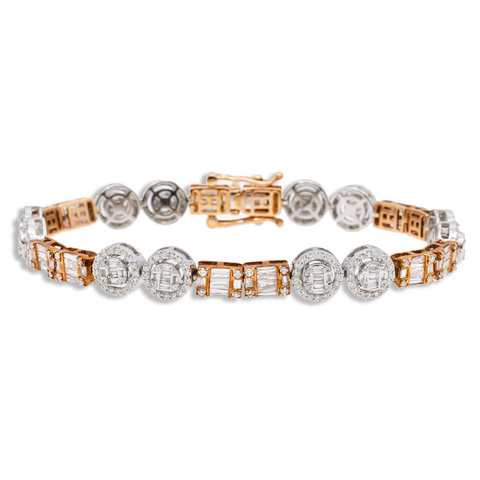 10K GOLD BAGUETTE AND ROUND DIAMONDS TWO TONE BRACELET 5.90 CT