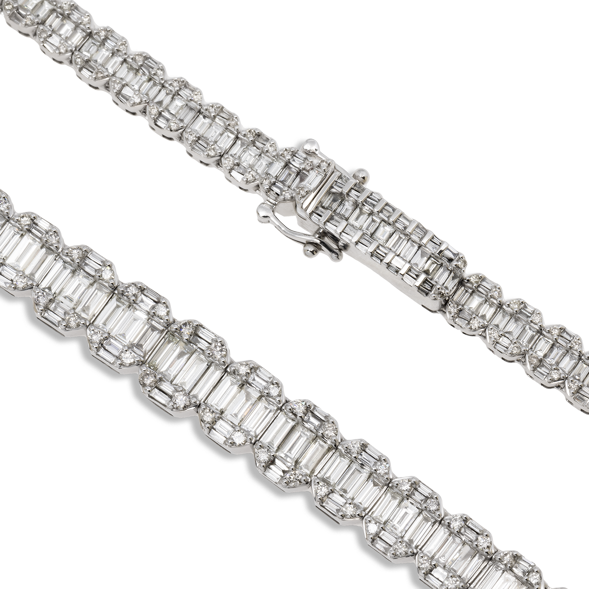 14K GOLD GRADUATED BAGUETTE OVAL DIAMOND CLUSTER CHAIN 21.50 CT