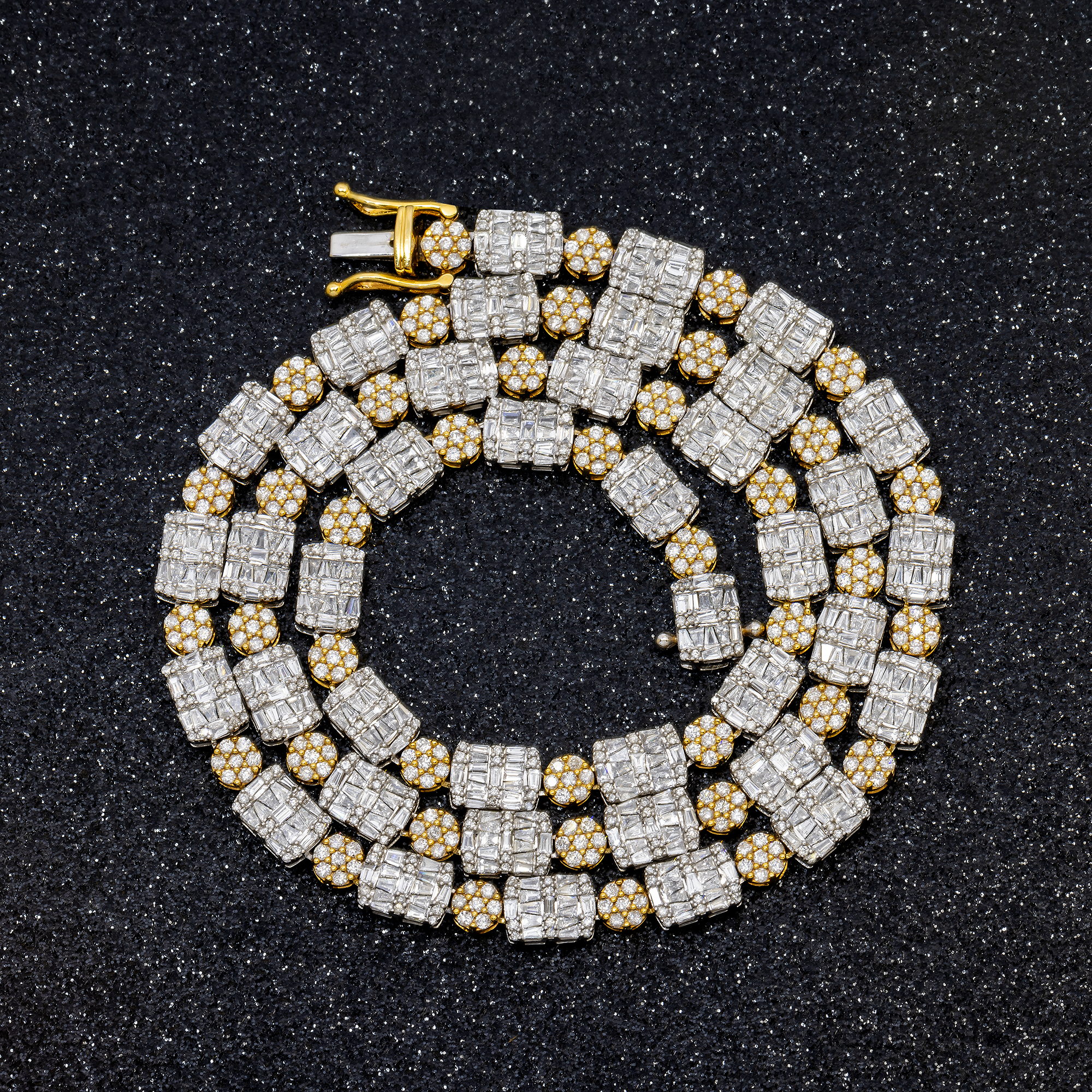 10K GOLD TWO TONE 6MM ROUND AND BAGUETTE DIAMOND BRACELET 15.21 CT