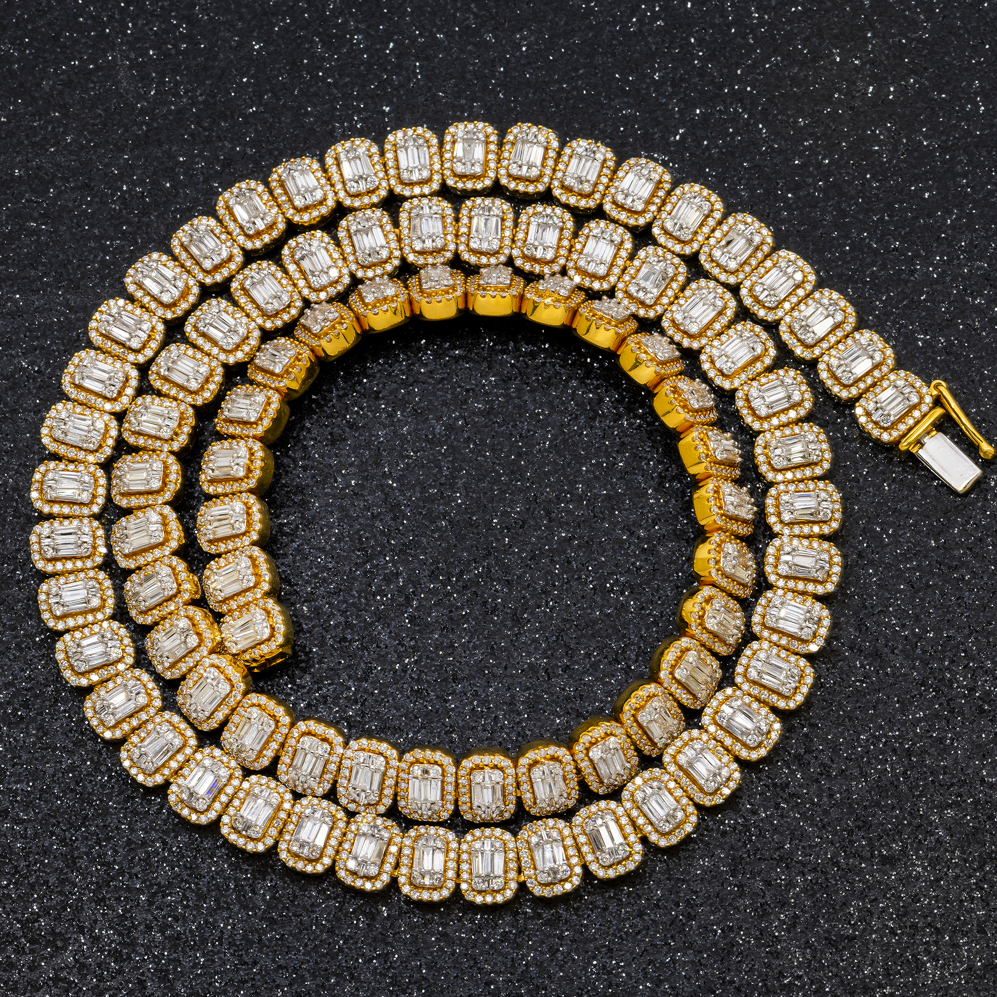 14K GOLD BAGUETTE CLUSTER AND ROUND DIAMOND HALO CHAIN 19.50 CTW