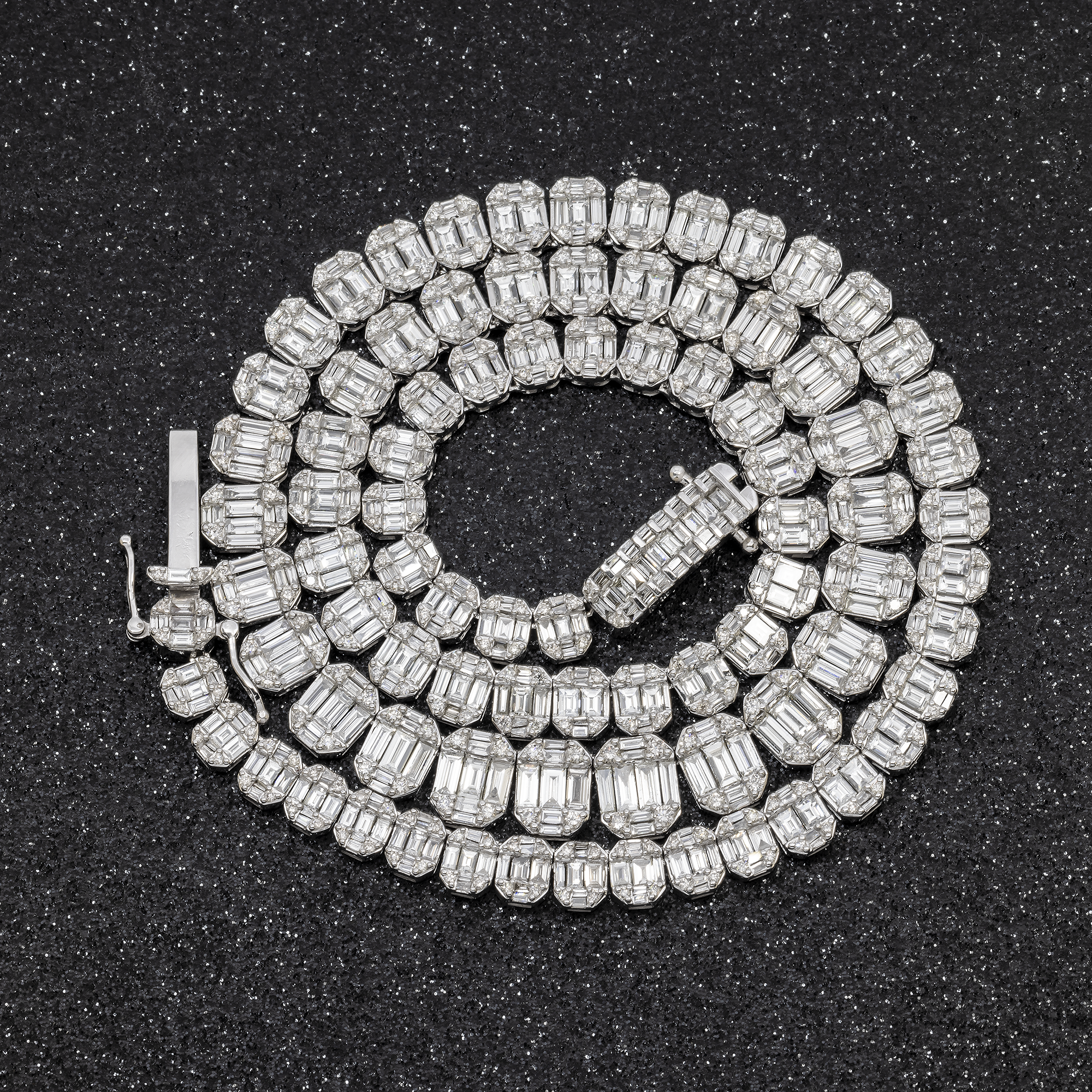 14K GOLD GRADUATED BAGUETTE OVAL DIAMOND CLUSTER CHAIN 21.50 CT