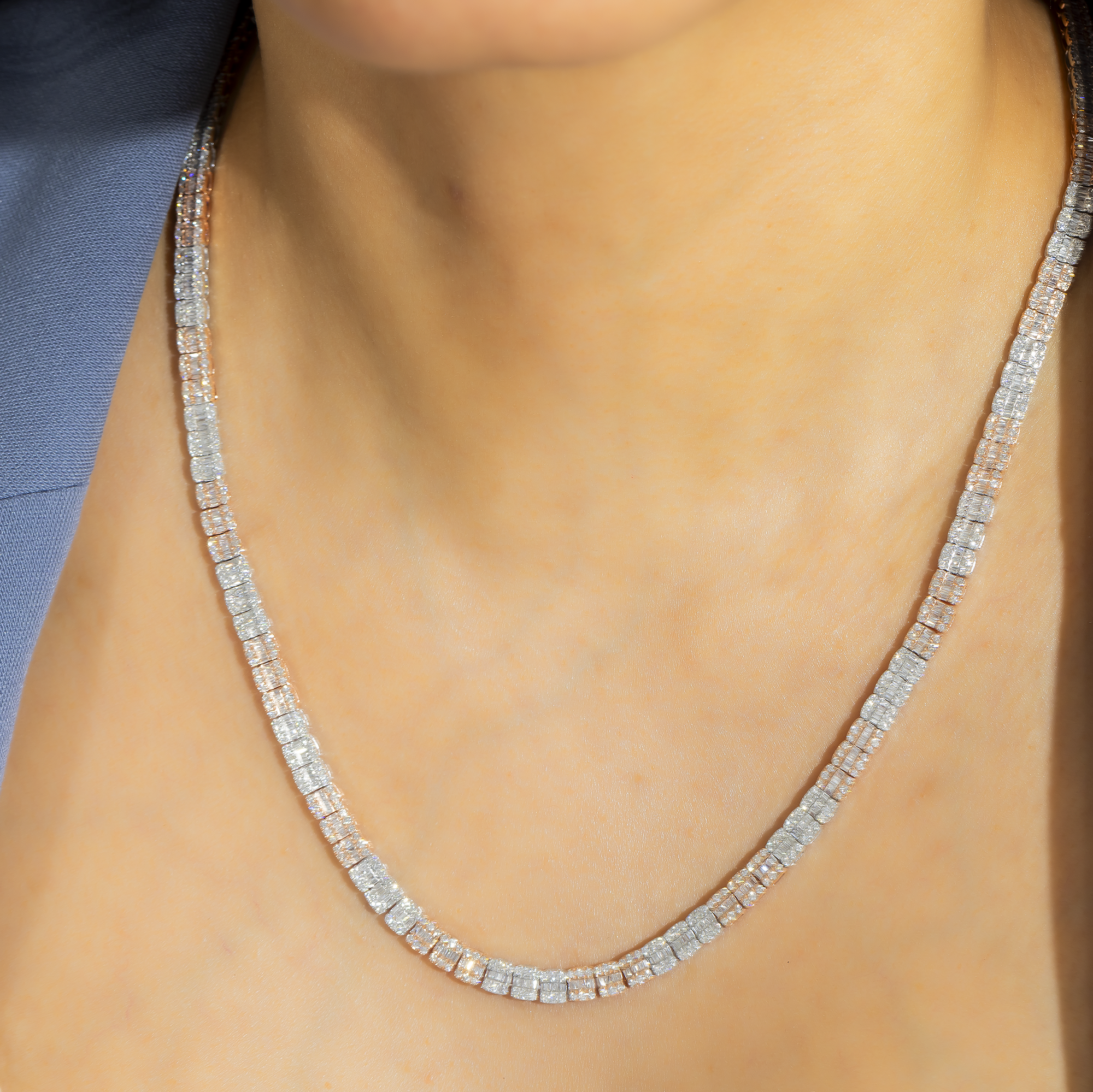 10K GOLD 5MM TWO TONE BAGUETTE AND ROUND DIAMOND CHAIN 10.91 CT