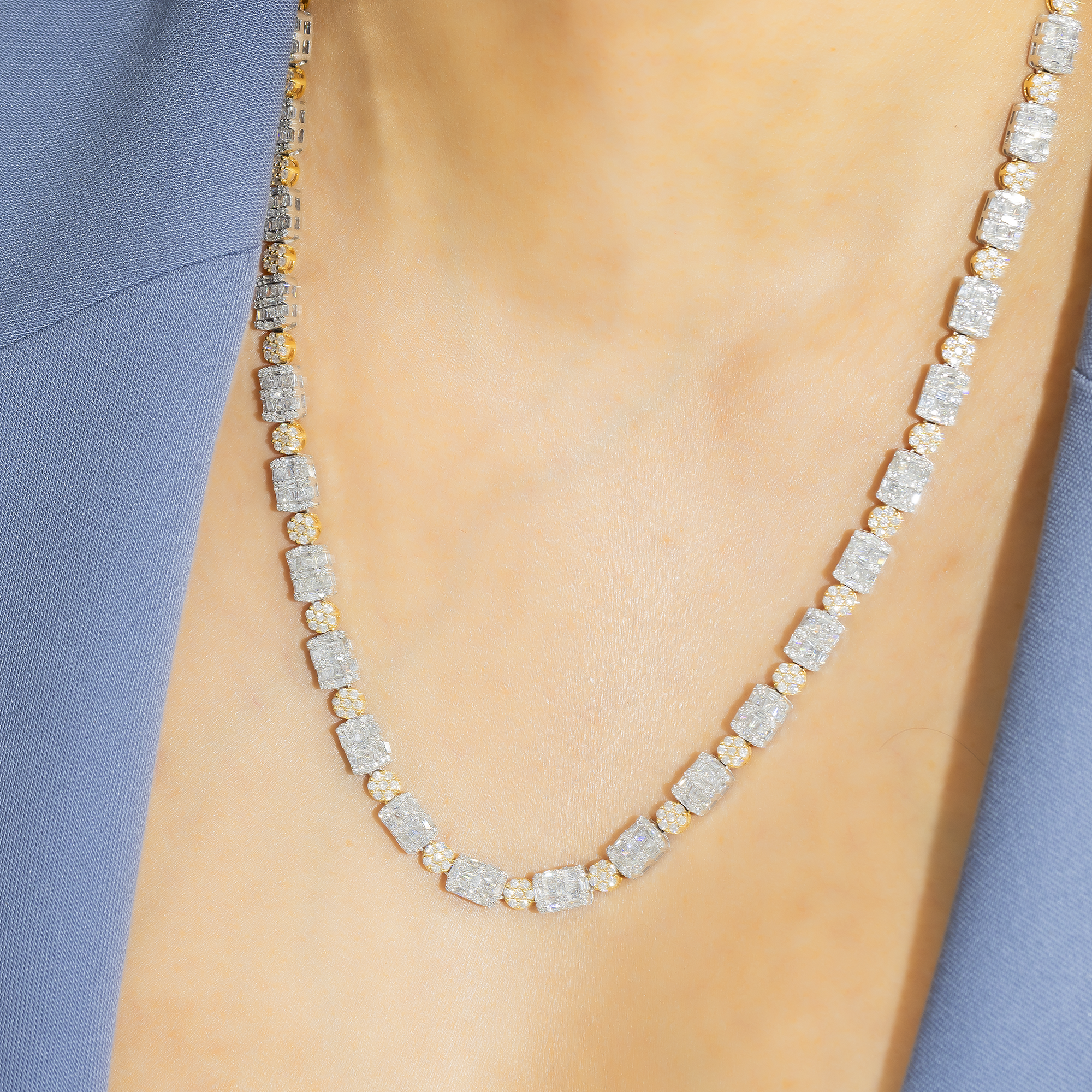 10K GOLD TWO TONE 6MM ROUND AND BAGUETTE DIAMOND BRACELET 15.21 CT