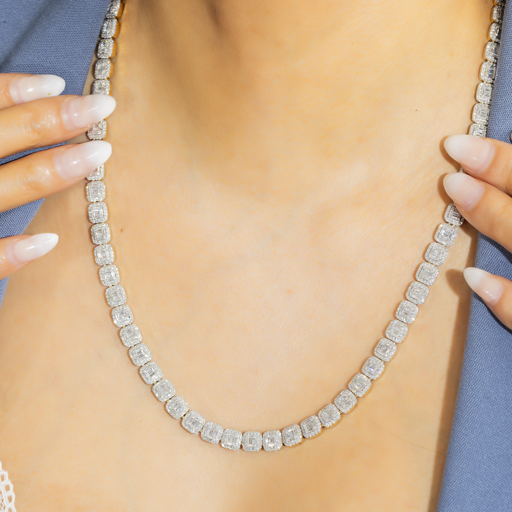 10K GOLD 7MM BAGUETTE DIAMOND CLUSTER CHAIN 16.75 CTW