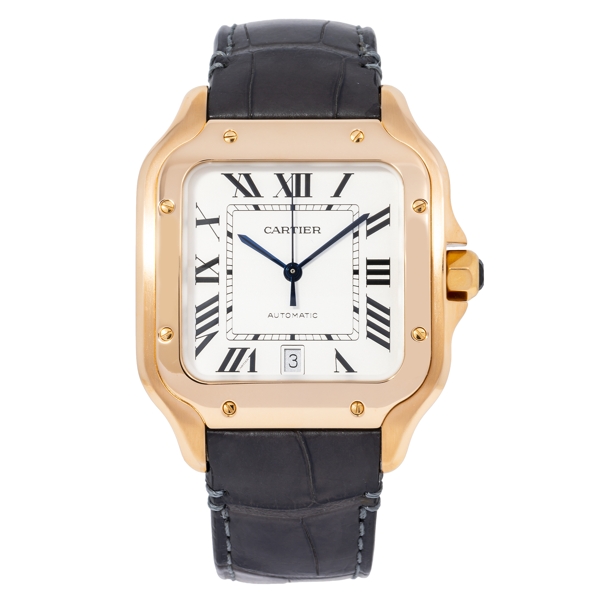Cartier Santos 39.8MM WGSA0019 Silver Roman Dial Yellow Gold Bezel Black Leather Strap