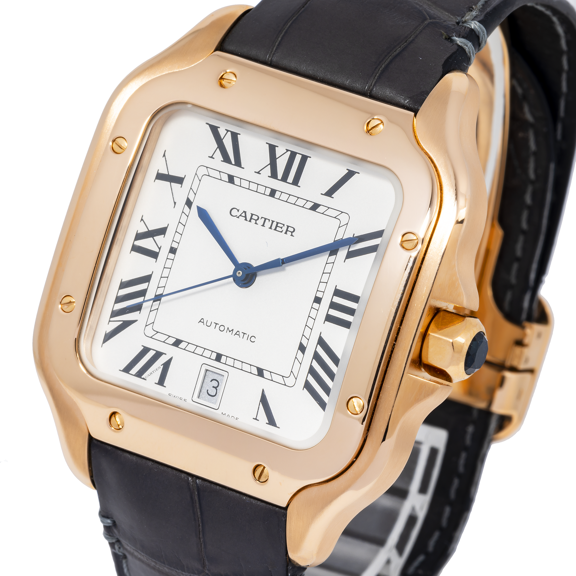 Cartier Santos 39.8MM WGSA0019 Silver Roman Dial Yellow Gold Bezel Black Leather Strap