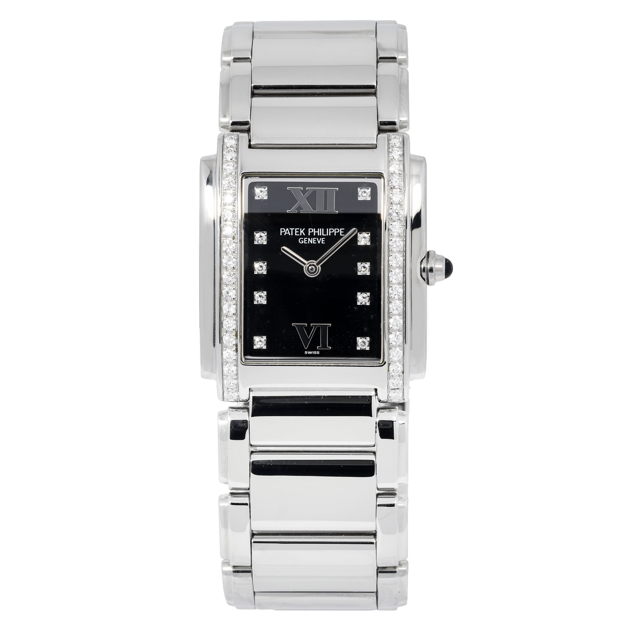 Patek Philippe Twenty~4 30MM 4910/10A-010 Black Roman Diamond Dial Diamond Bezel Stainless Steel Bracelet