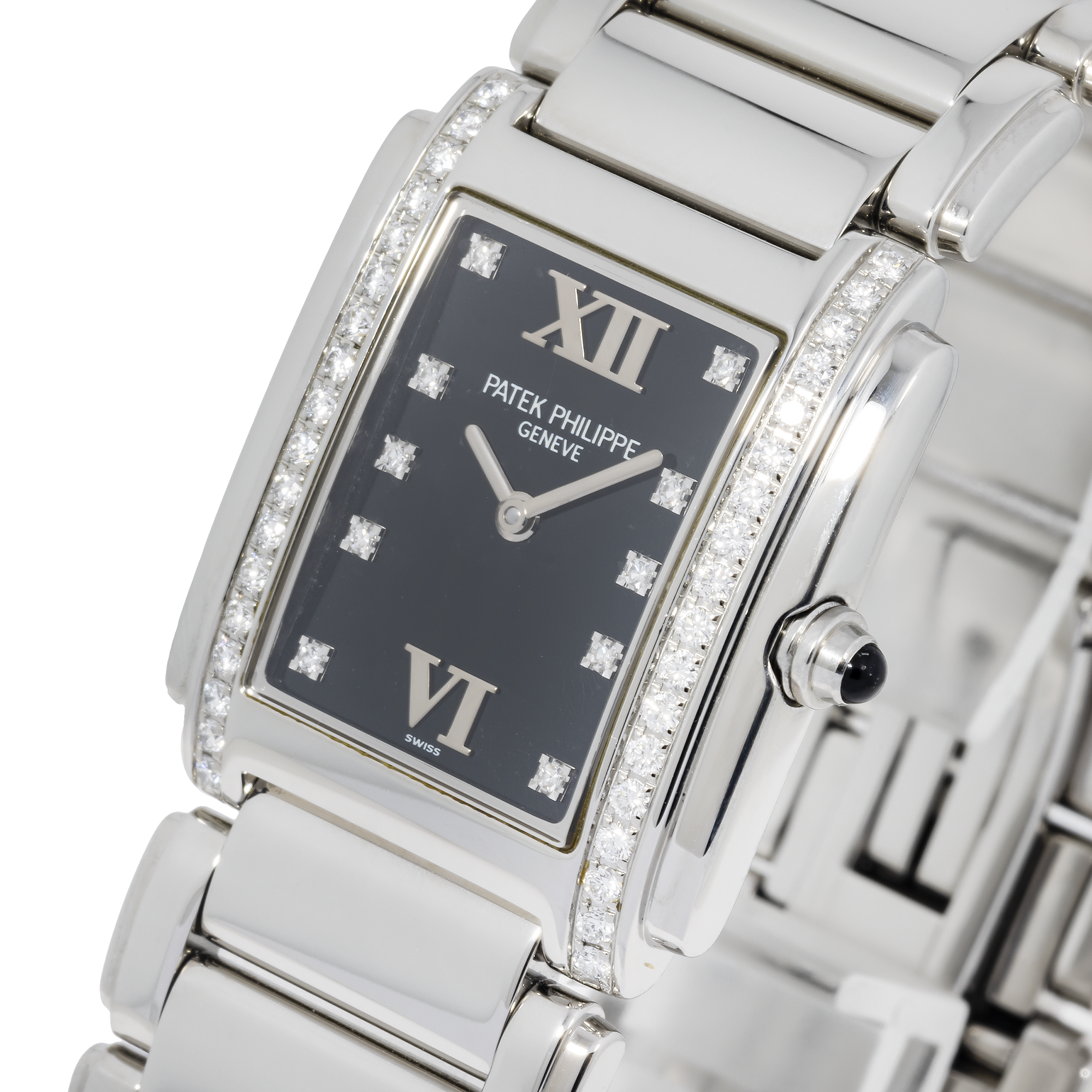 Patek Philippe Twenty~4 30MM 4910/10A-010 Black Roman Diamond Dial Diamond Bezel Stainless Steel Bracelet