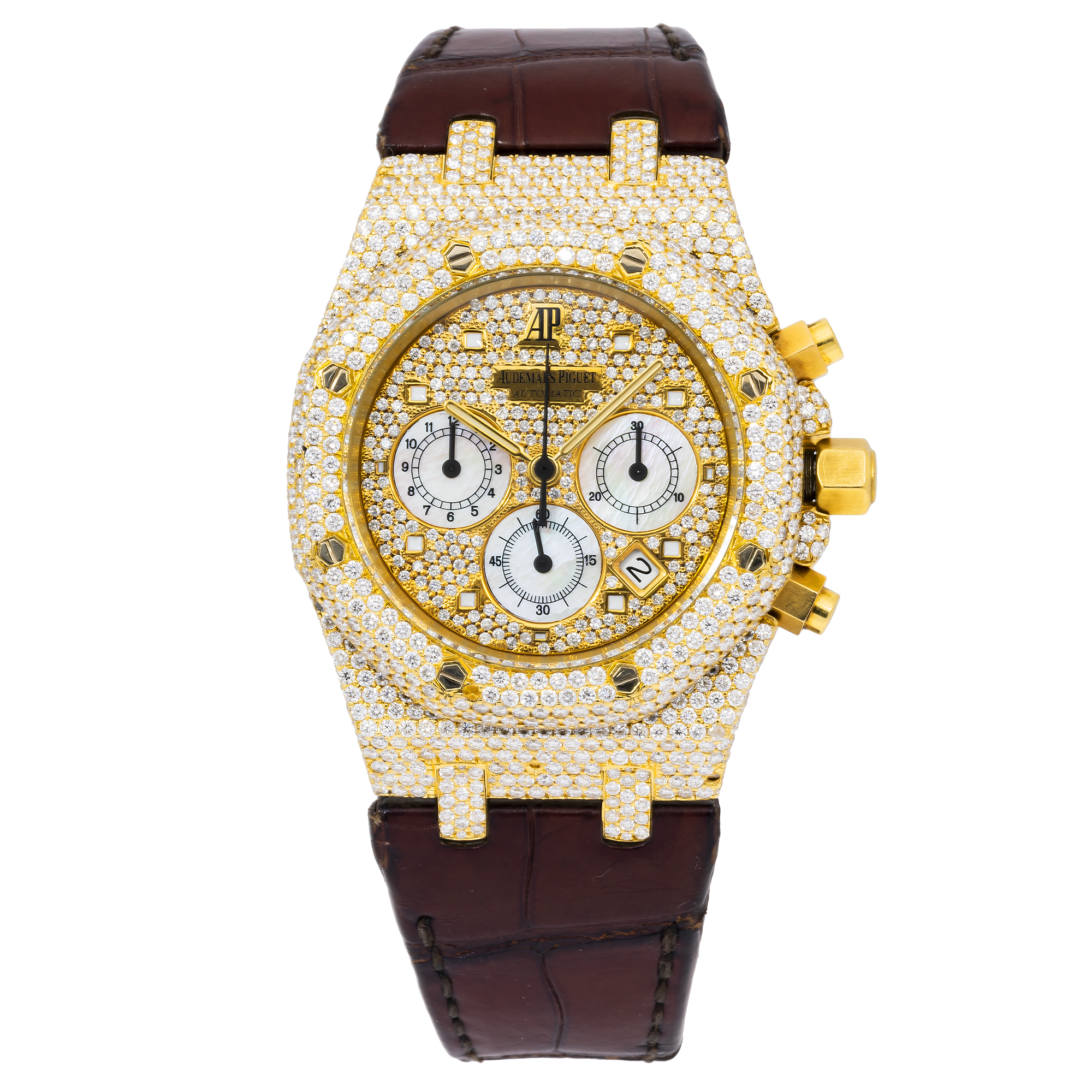 Audemars Piguet Royal Oak Chronograph 39MM 26022BA.OO.D088CR.01 Diamond Paved Dial Diamond Paved Bezel Brown Alligator Leather Strap