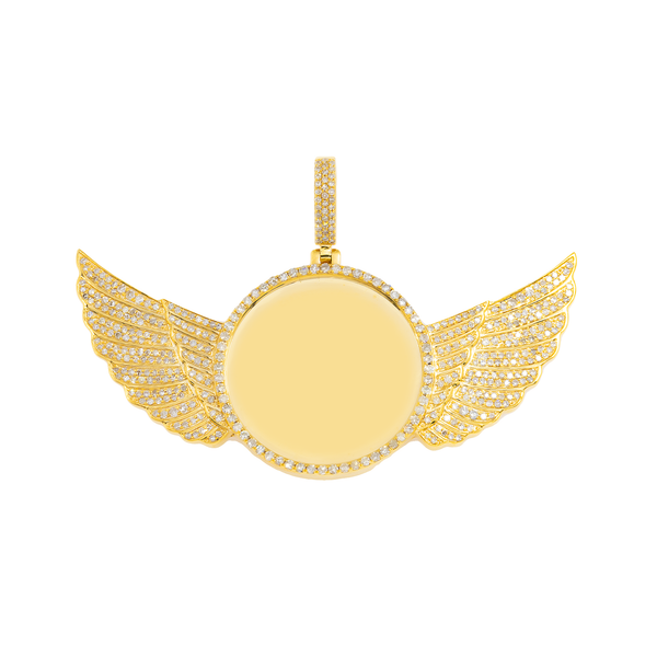 14K GOLD DIAMOND CIRCLE WITH ANGEL WINGS PICTURE PENDANT CT