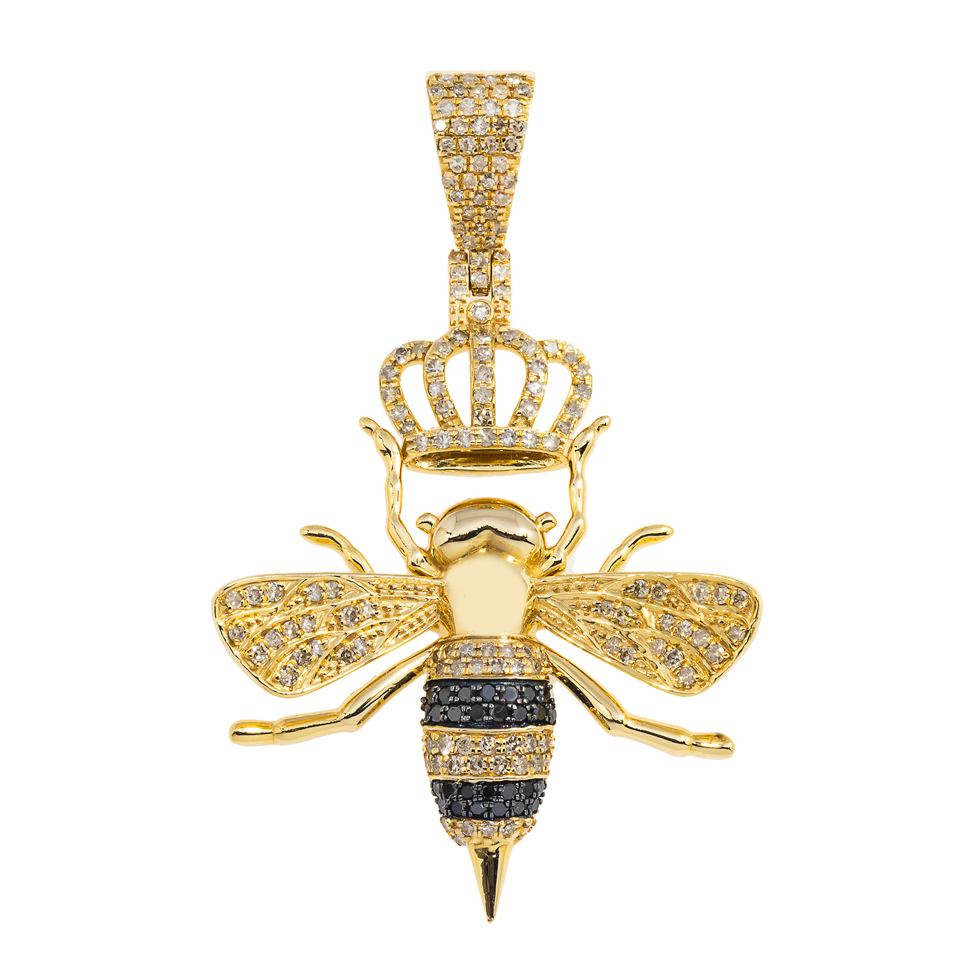 14K GOLD WHITE AND BLACK ROUND DIAMOND BEE WITH CROWN PENDANT 1.69 CT