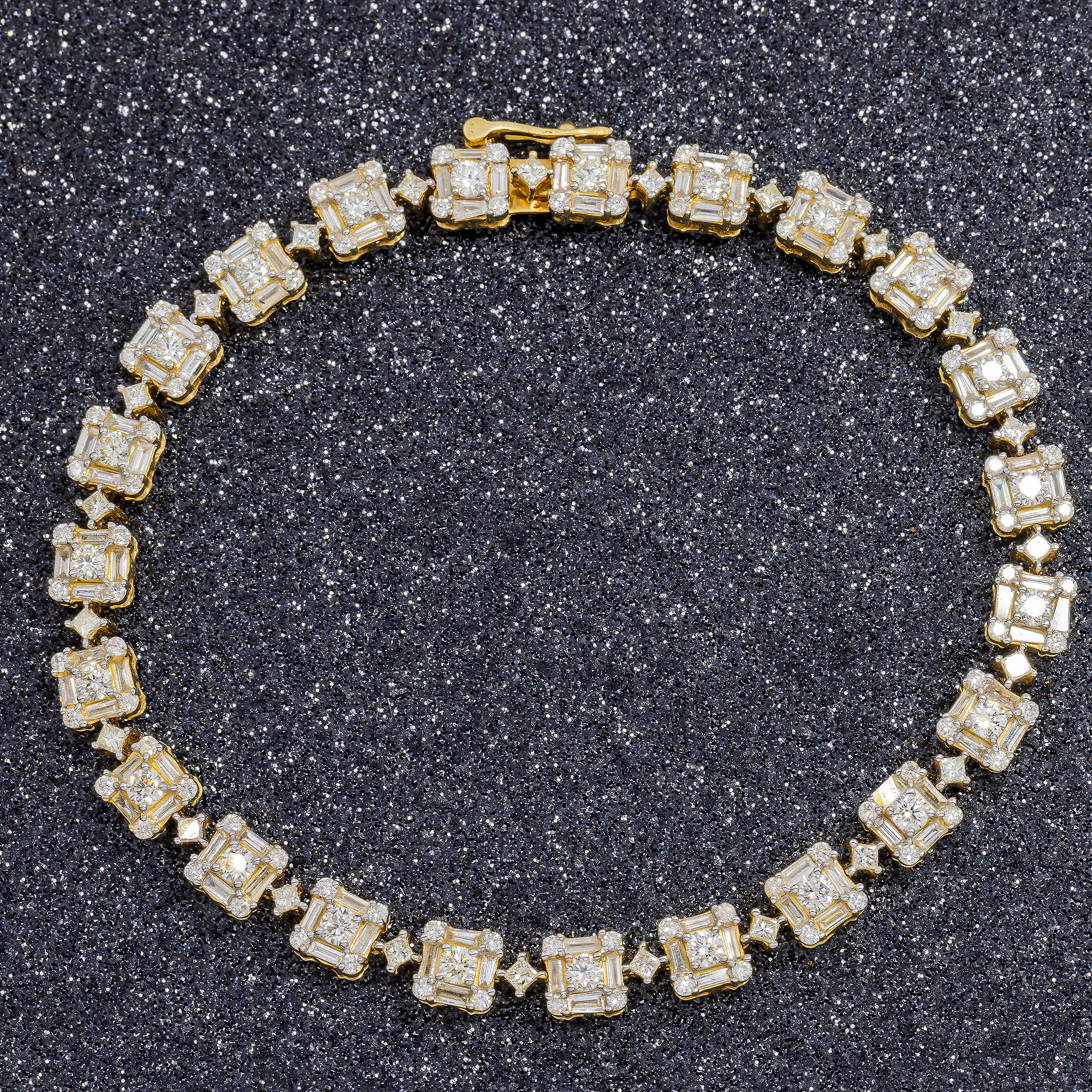 14K GOLD BAGUETTE AND ROUND DIAMONDS SQUARE SHAPE BRACELET 6.50 CT