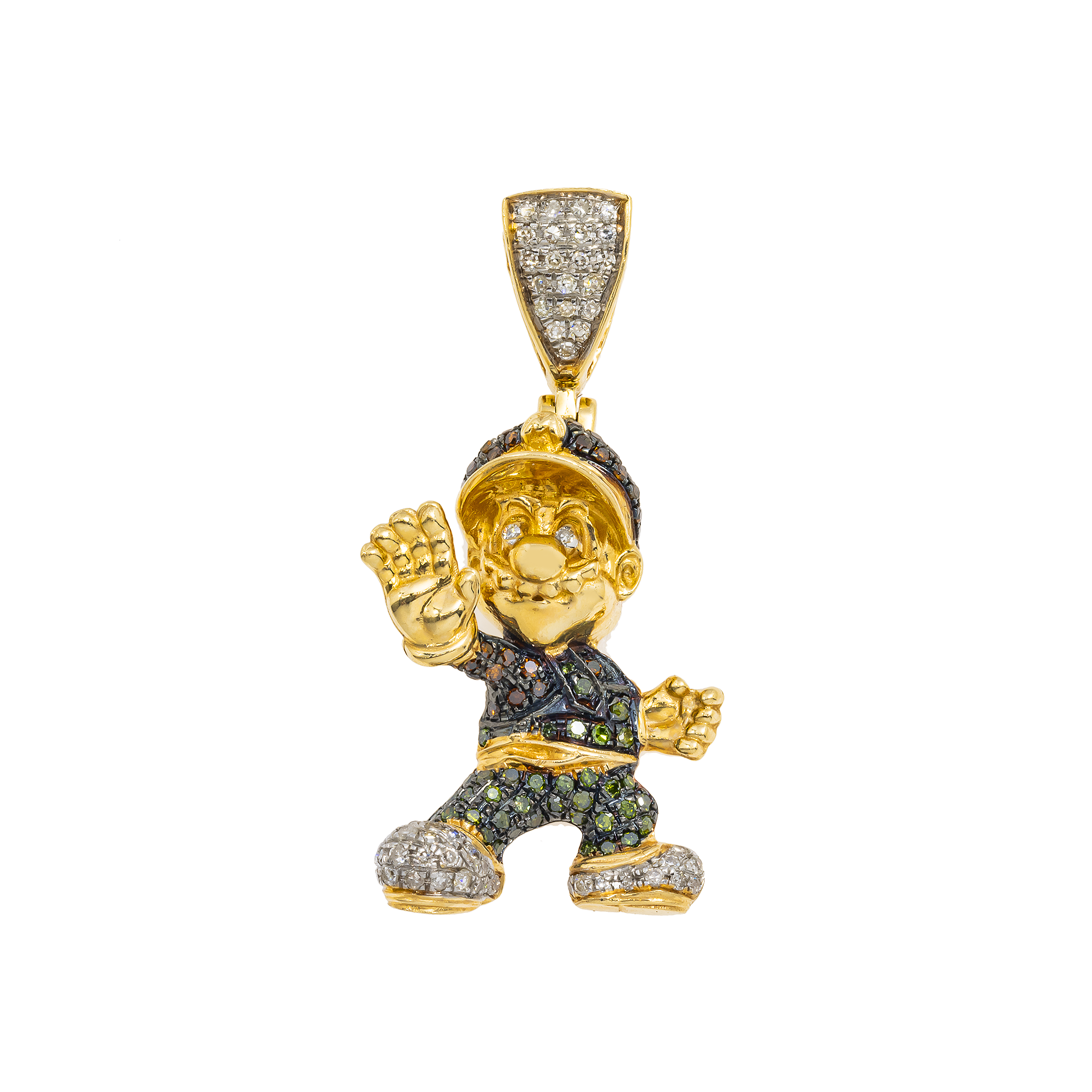 14K GOLD WHITE AND BLACK DIAMONDS SUPER MARIO PENDANT 0.53 CT